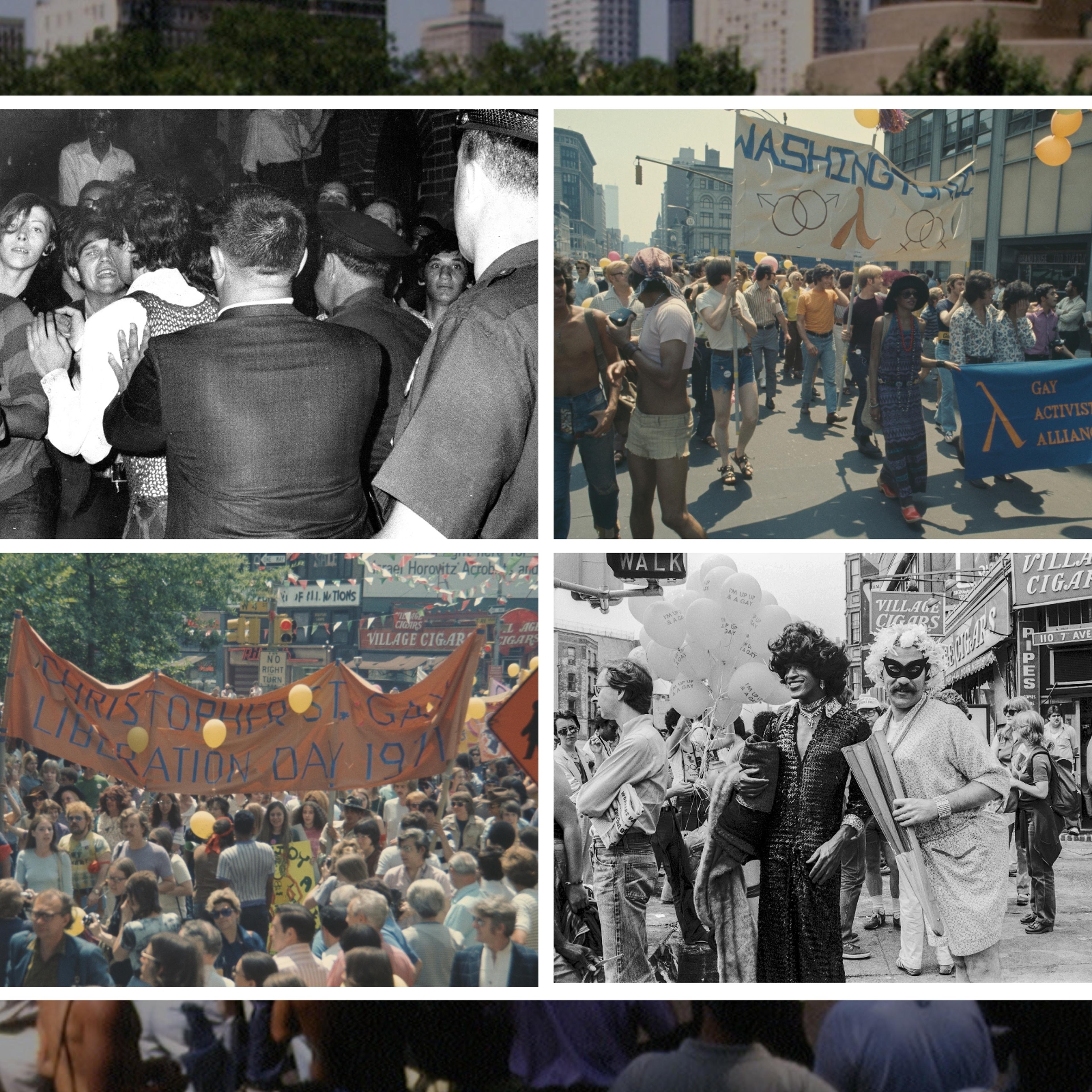 Clockwise from top-left: Crowd attempts to impede police arrests outside the Stonewall Inn on June 28, 1969; the Gay Activists Alliance march during Christopher Street Gay Liberation Day in 1971; activist Marsha P. Johnson during the New York Pride March on June 27, 1982; Christopher Street Gay Liberation Day in 1971. Background: Pride parade for 25th anniversary of Stonewall Riots in New York City.