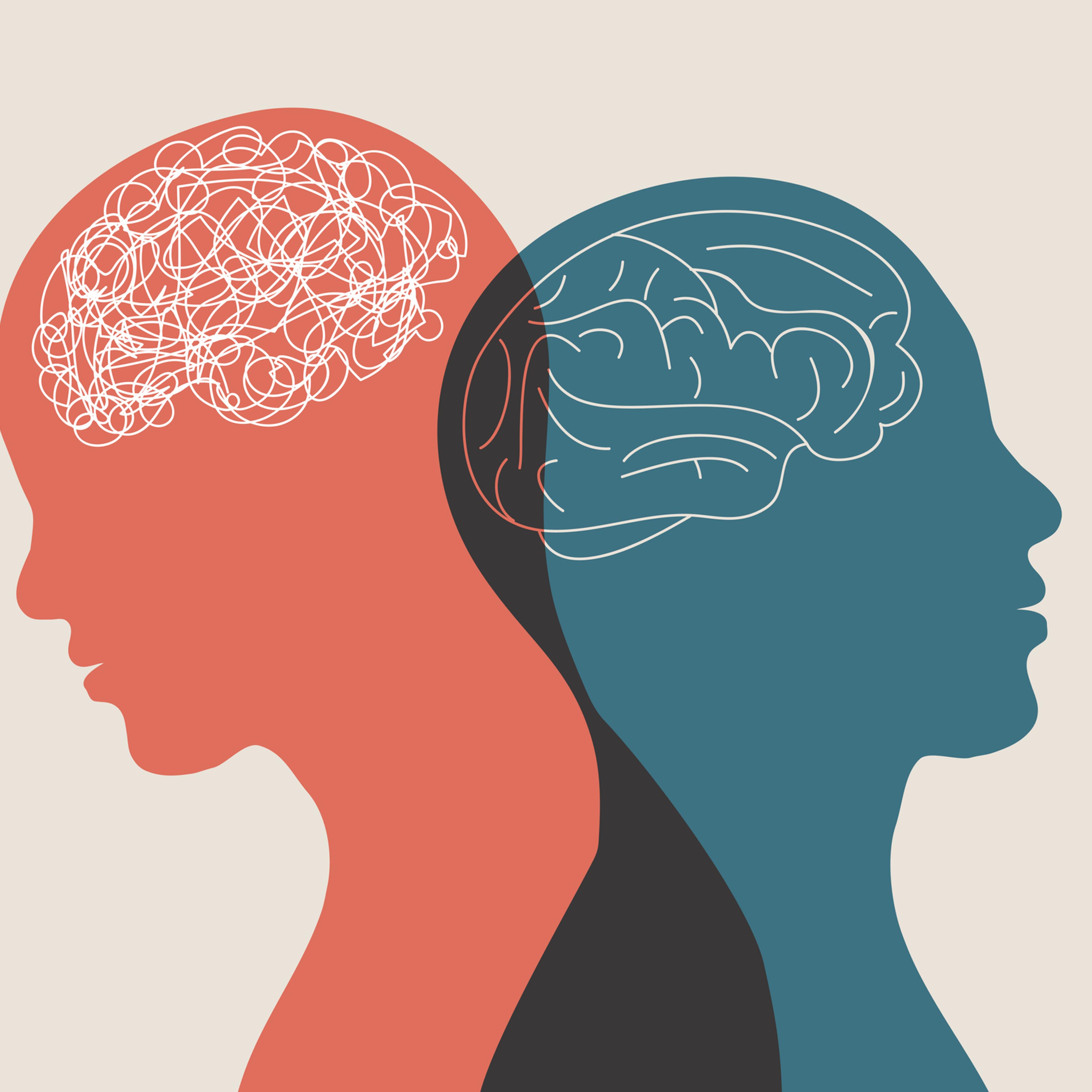 Metaphor bipolar disorder mind mental. Double face. Split personality. Concept mood disorder. 2 Head silhouette.Psychology. Mental health. Dual personality concept. Tangle and untangle