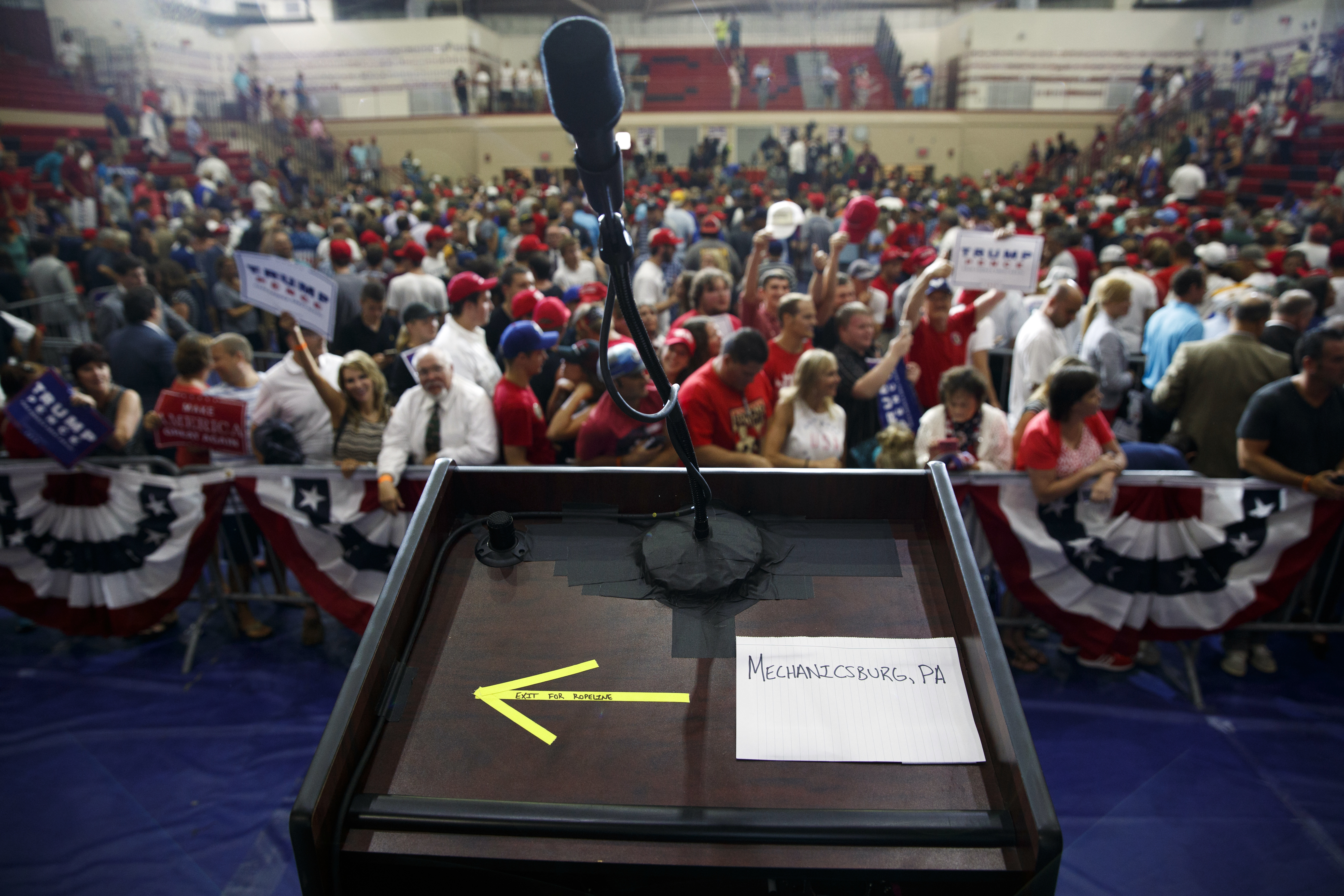 Notes sit on the lectern after Republican presidential candidate Donald Trump spoke during a campaign rally at Cumberland Valley High School, Aug. 1, 2016, in Mechanicsburg, Pa.