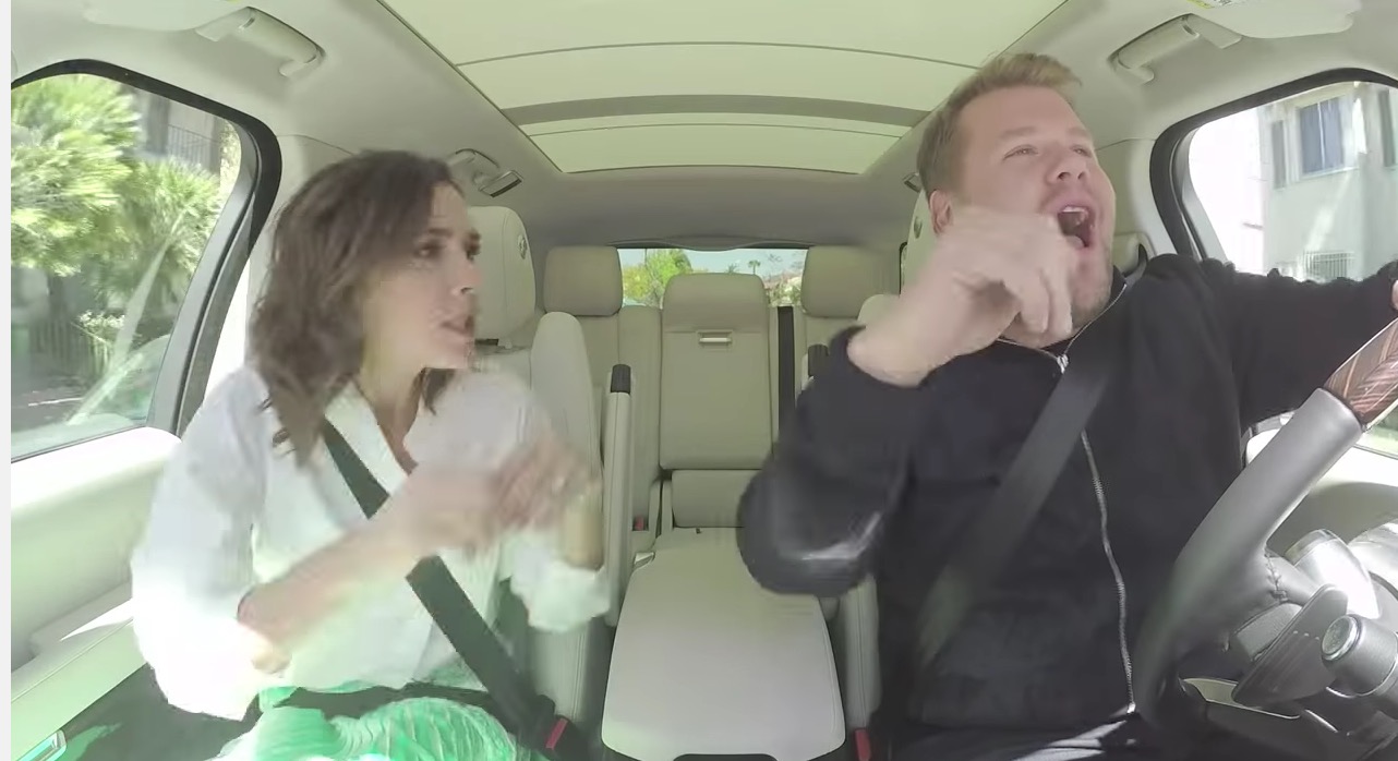 James Corden and Victoria Beckham on an episode of Carpool Karaoke. 