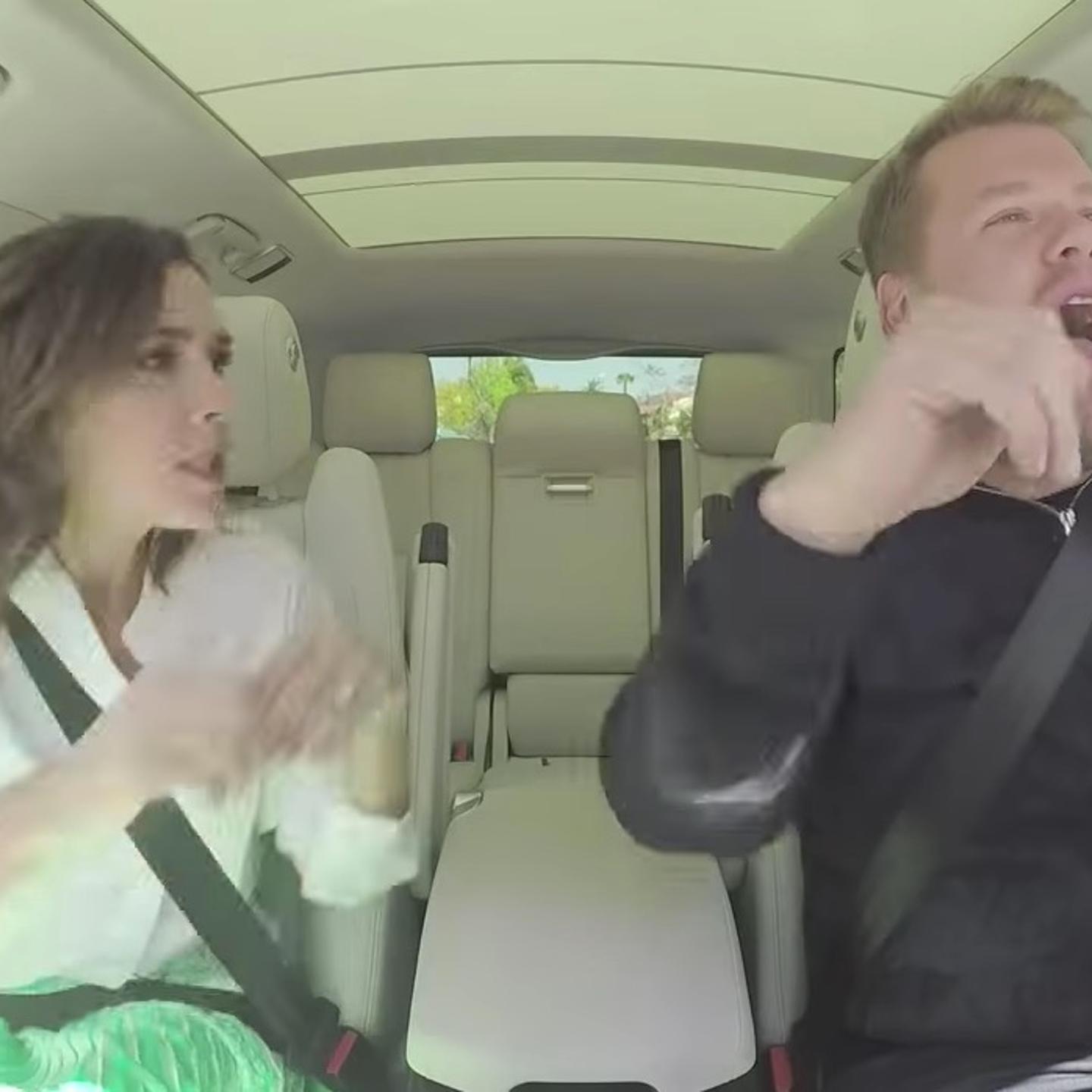 James Corden and Victoria Beckham on an episode of Carpool Karaoke.