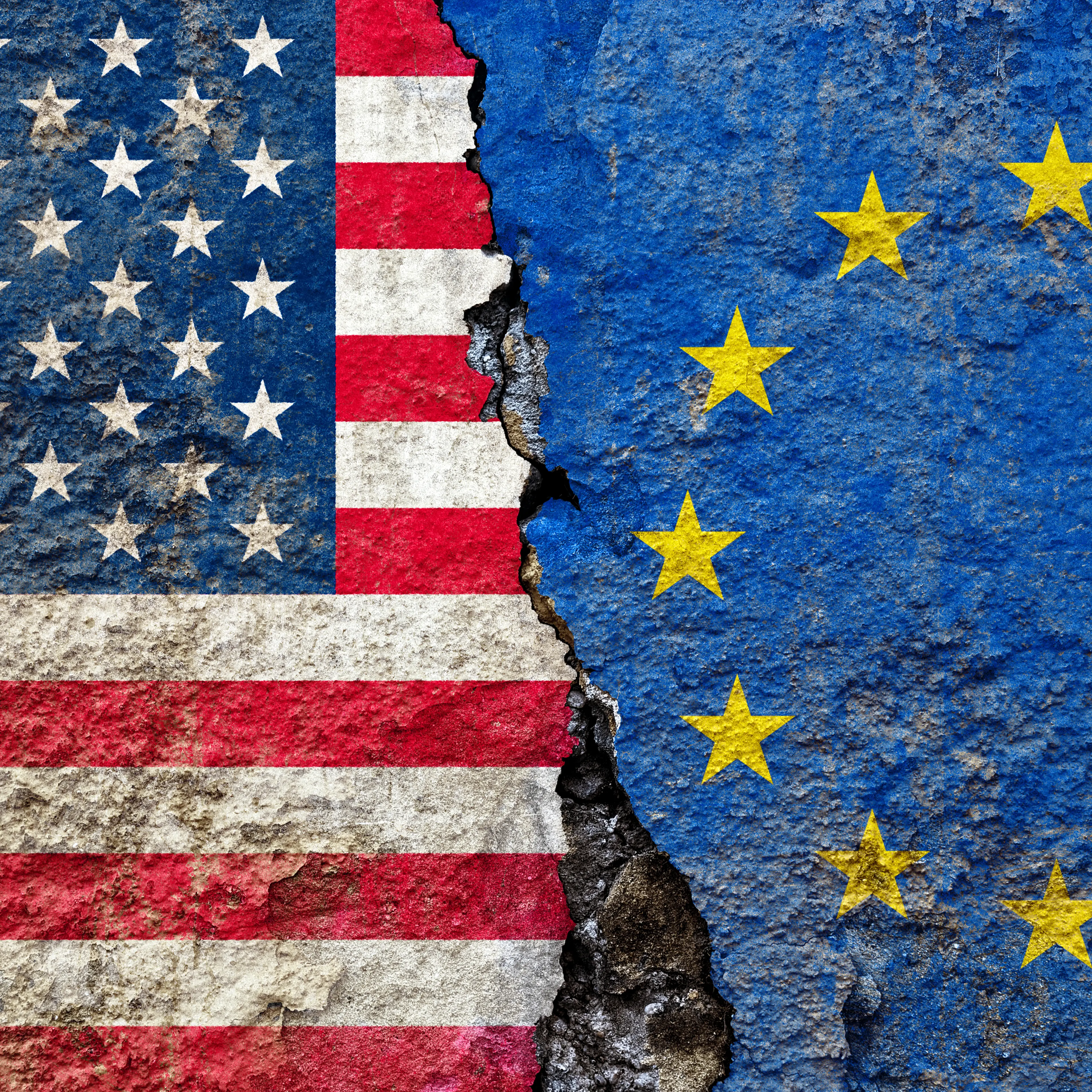American and European Union Flag on Cracked Surface: US-EU Relations: Tensions, Transatlantic Ties, Trade, and Geopolitics Crisis