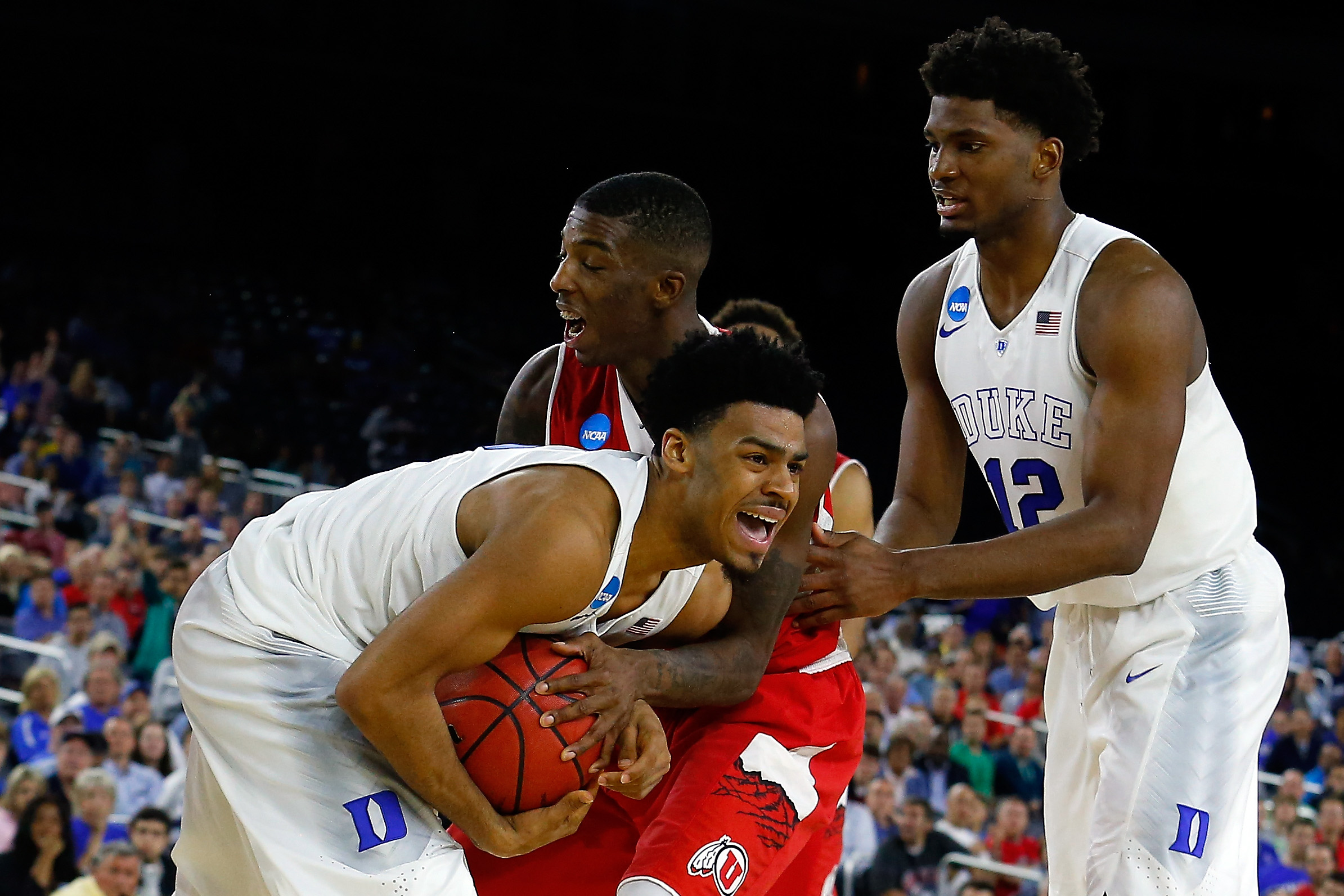 during a South Regional Semifinal game of the 2015 NCAA Men's Basketball Tournament at NRG Stadium on March 27, 2015 in Houston, Texas.