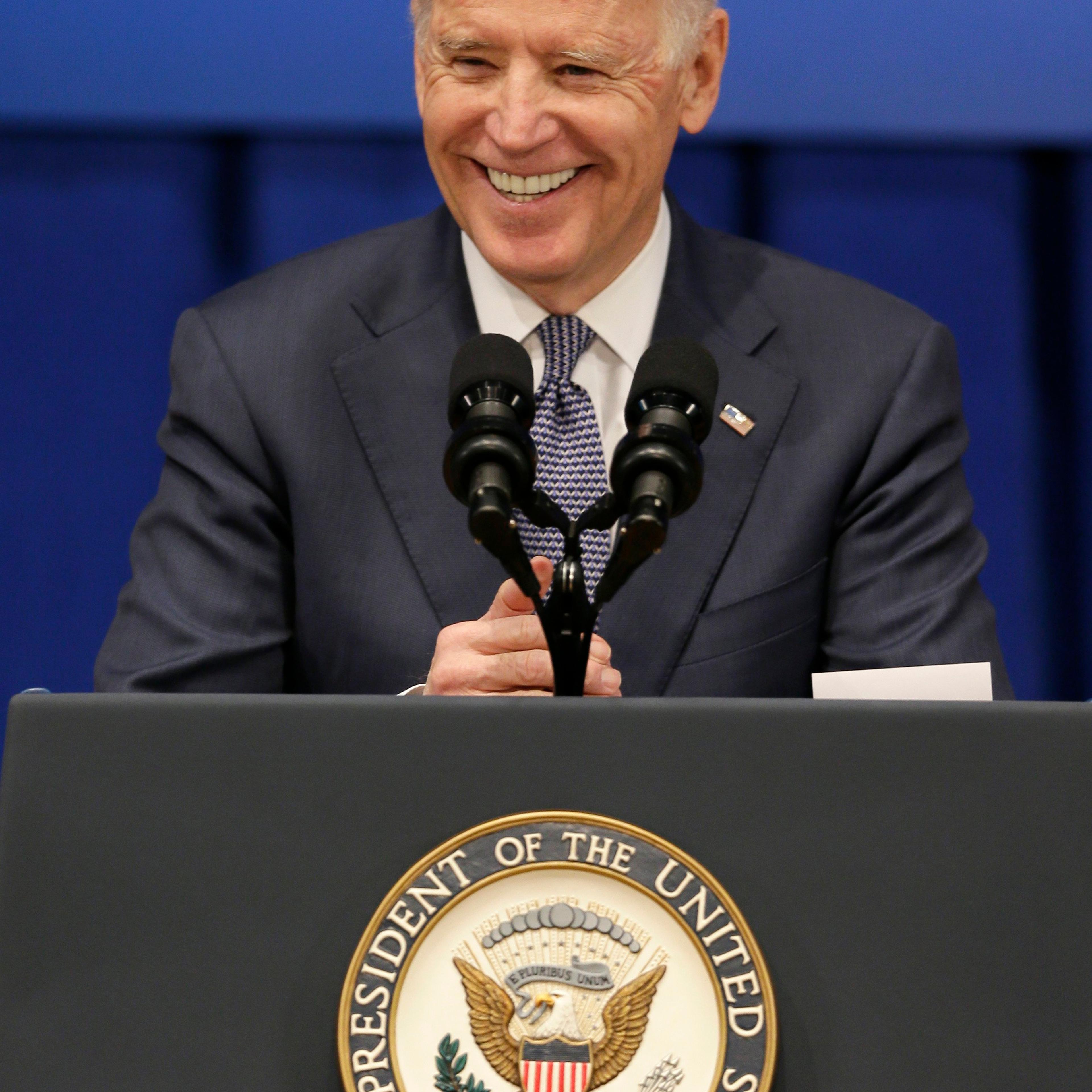 Vice President Joe Biden smiles as he speaks about the economy and the Obama administration's policies on Feb. 12, 2015, at Drake University in Des Moines, Iowa.
