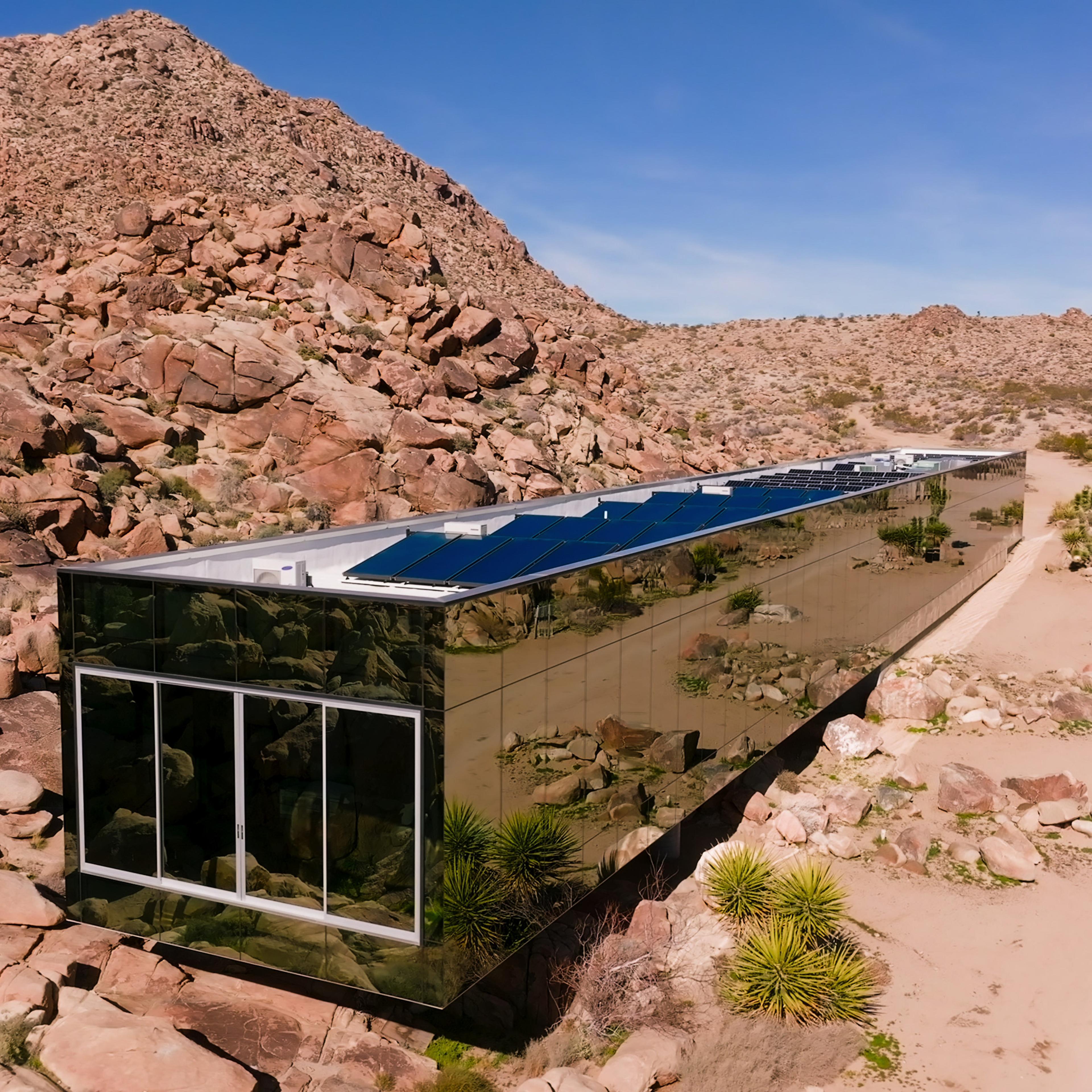 A scene in Selling Sunset Season 8 of a lavish property in the desert covered in solar panels and reflective material on all sides.