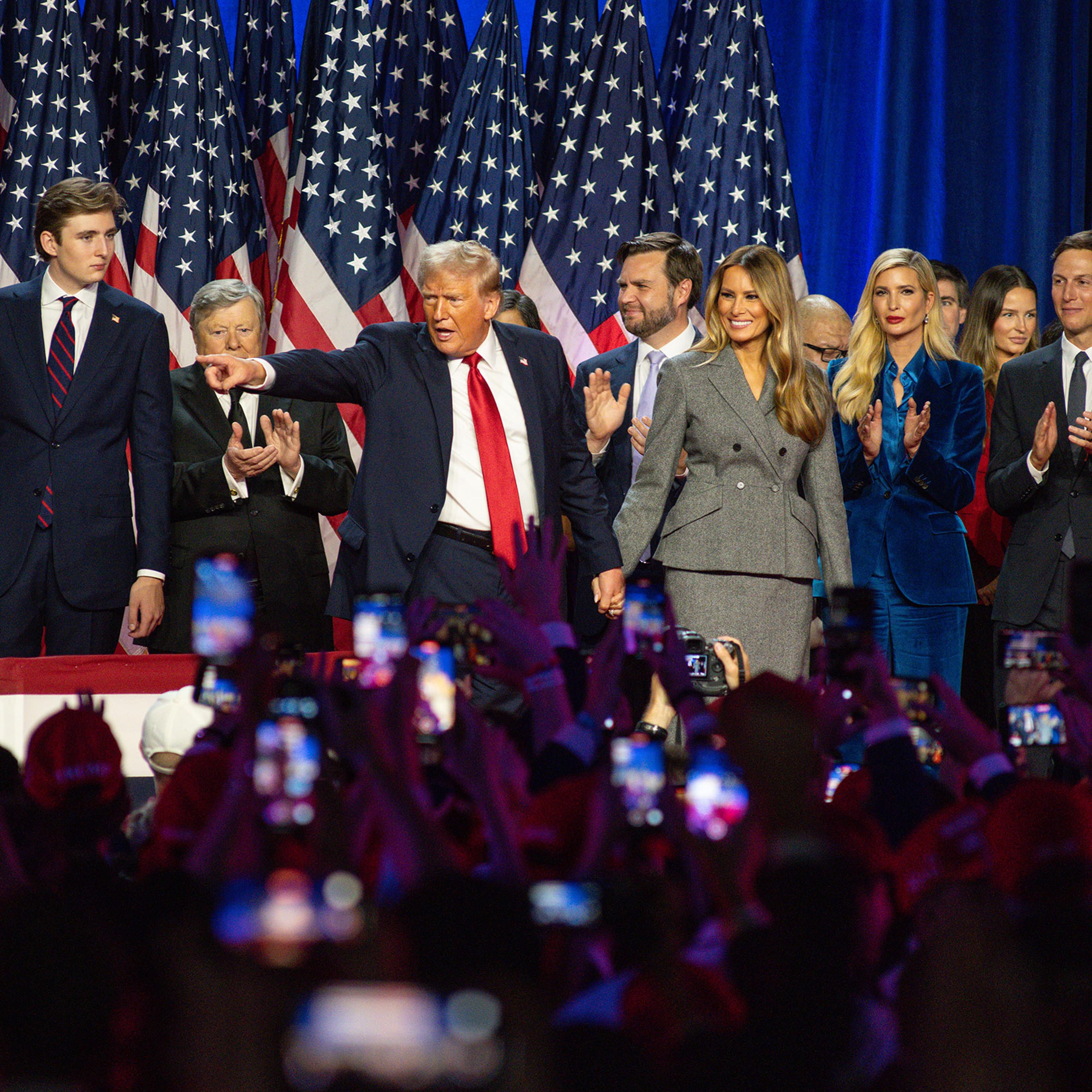 Donald Trump gestures to the crowd after speaking during his Election Night Watch Party in West Palm Beach, Fla. on Nov. 5.