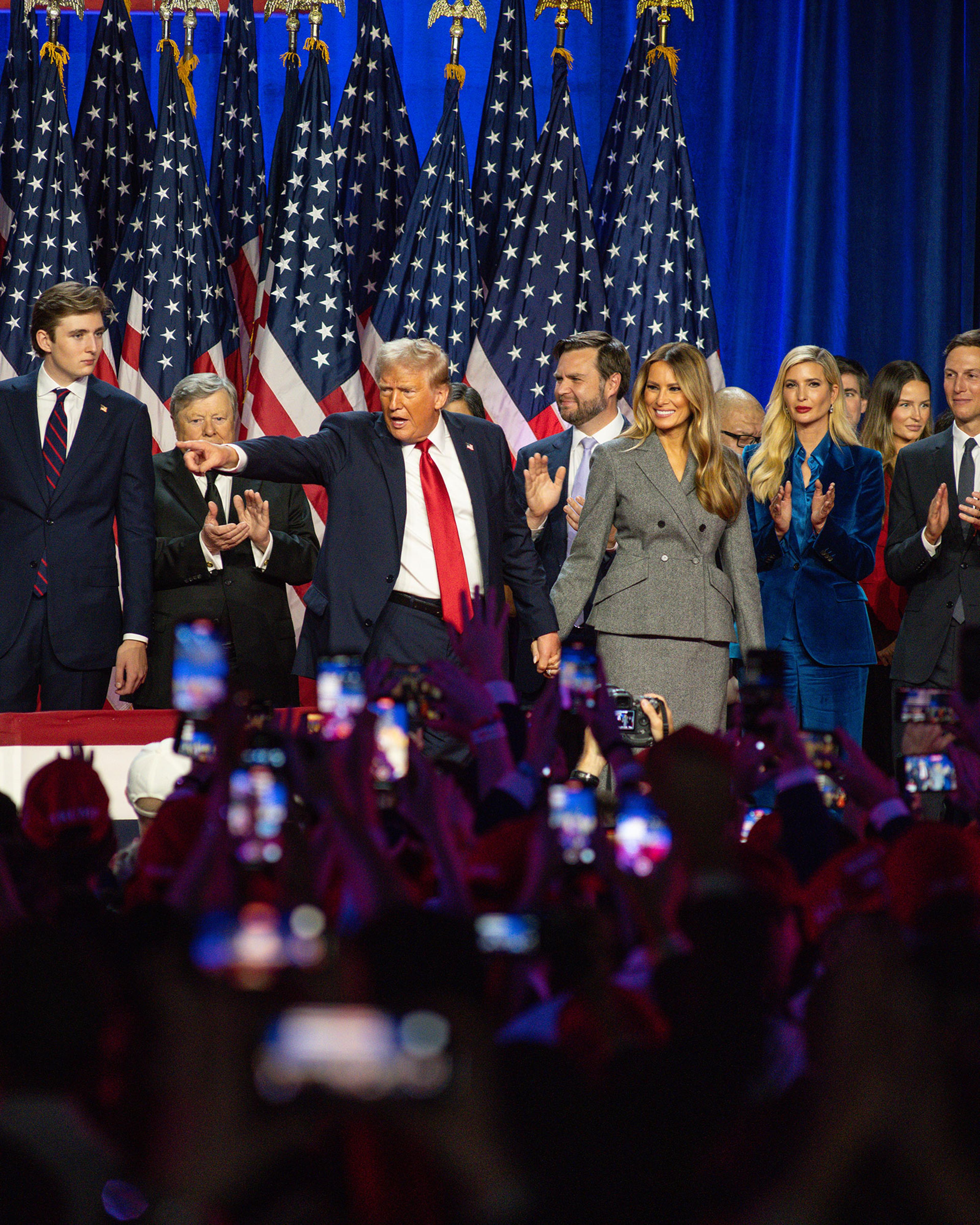 Donald Trump gestures to the crowd after speaking during his Election Night Watch Party in West Palm Beach, Fla. on Nov. 5.