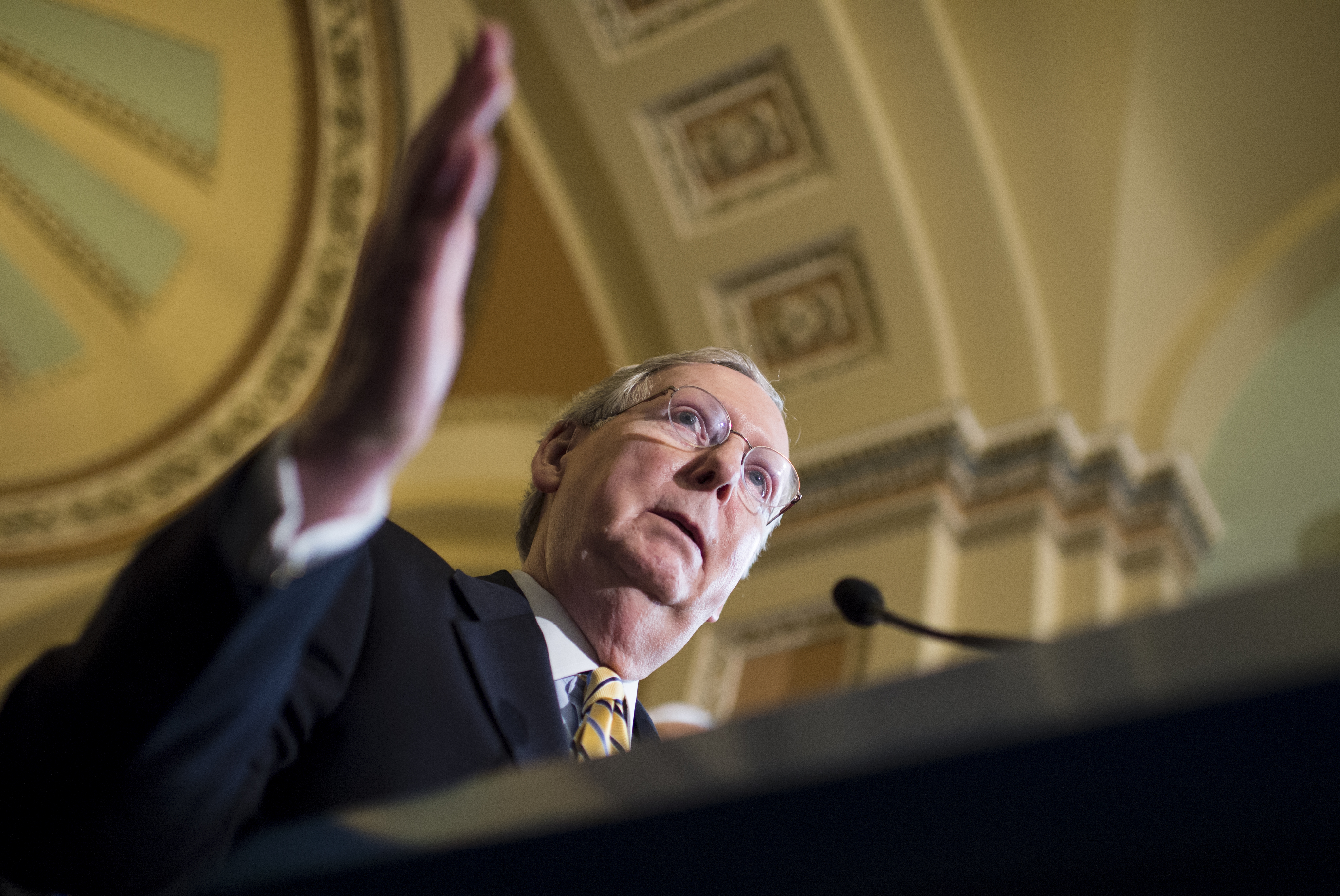Senate Majority Leader Mitch McConnell, R-Ky., speaks to the media following the Senate Republicans' policy lunch in the Capitol on April 21, 2015.