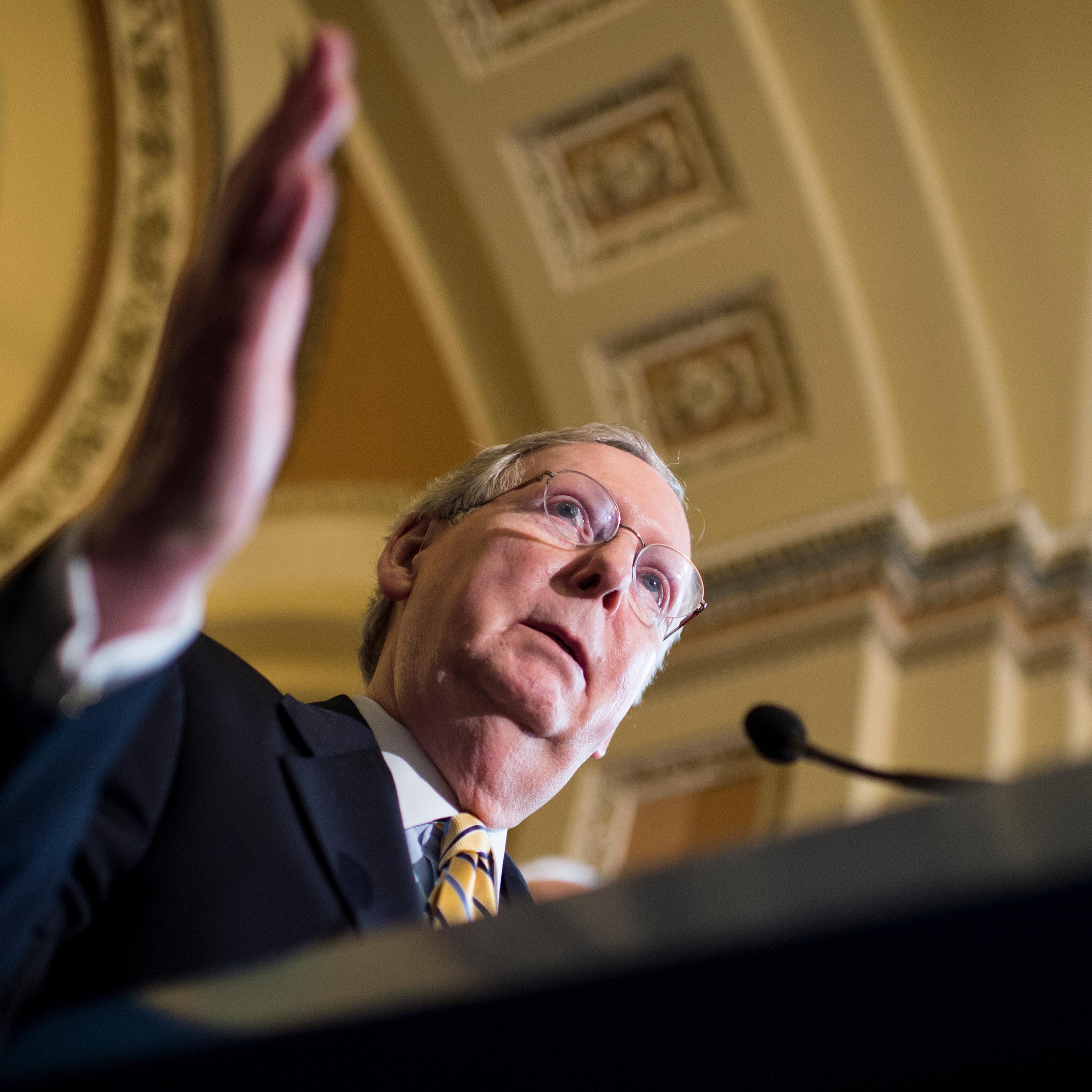 Senate Majority Leader Mitch McConnell, R-Ky., speaks to the media following the Senate Republicans' policy lunch in the Capitol on April 21, 2015.