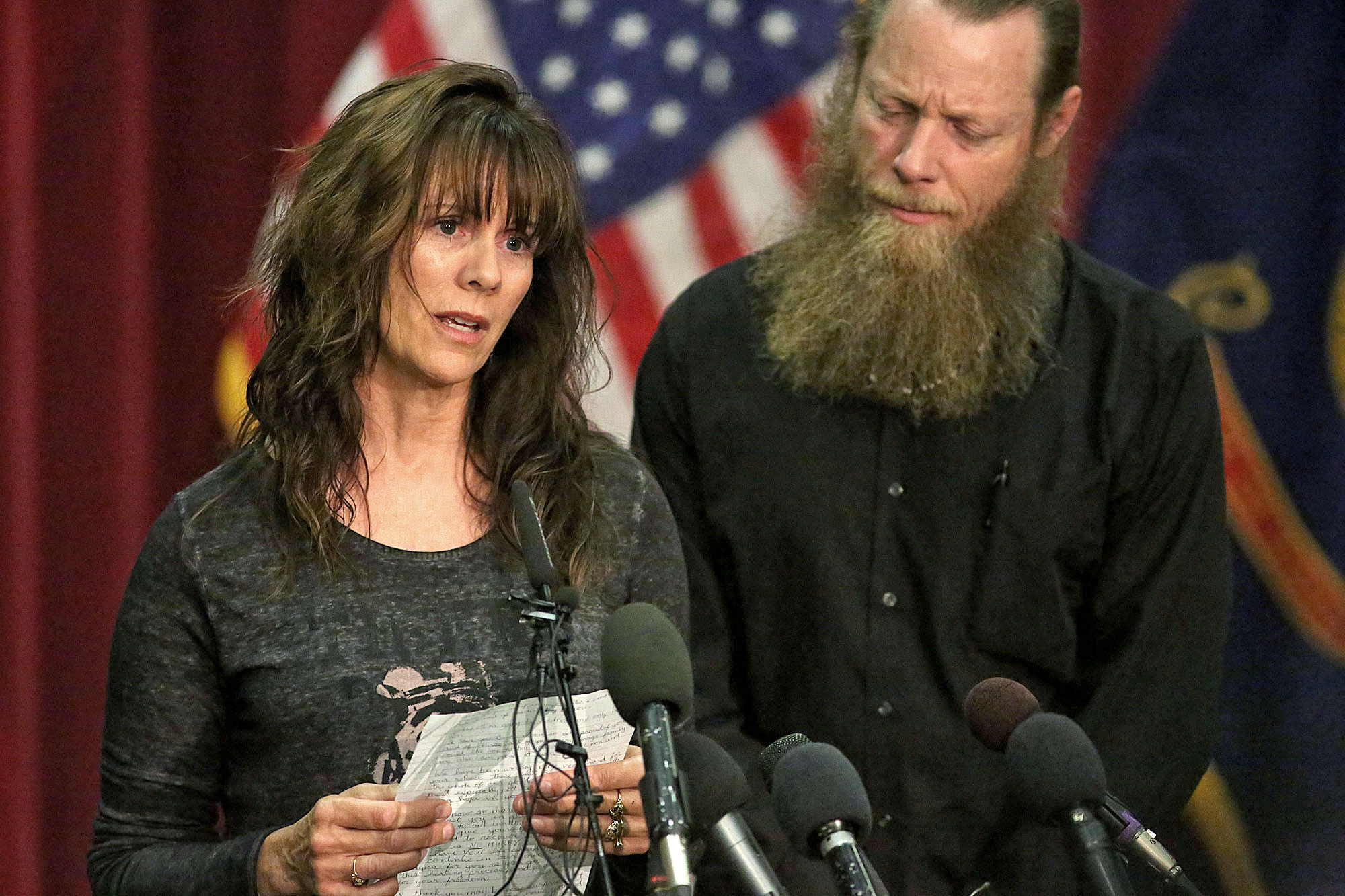 From left: Jani and Bob Bergdahl, the parents of U.S. Army Sgt. Bowe Bergdahl, speak during a press conference at Gowen Field on June 1, 2014, in Boise, Idaho.