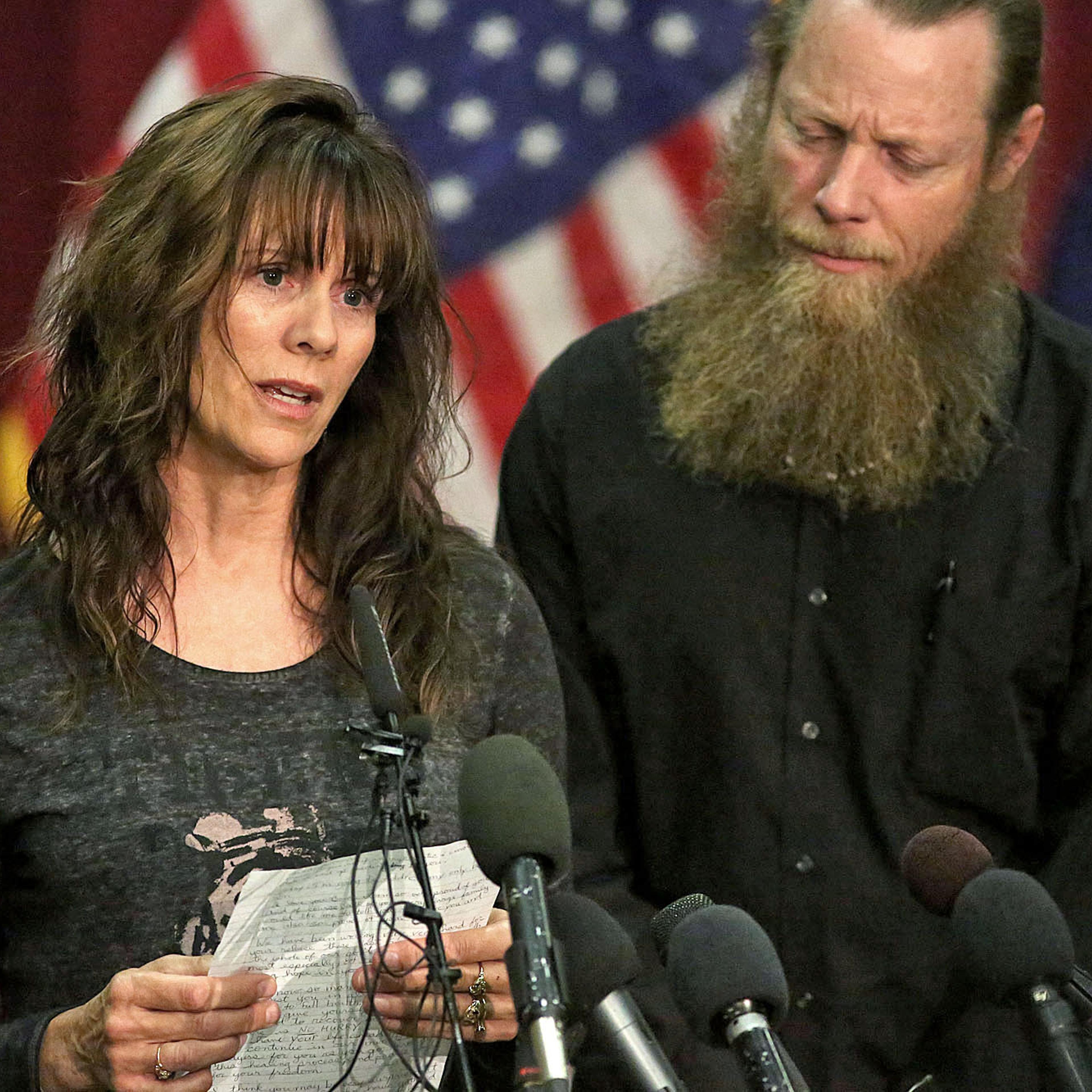 From left: Jani and Bob Bergdahl, the parents of U.S. Army Sgt. Bowe Bergdahl, speak during a press conference at Gowen Field on June 1, 2014, in Boise, Idaho.