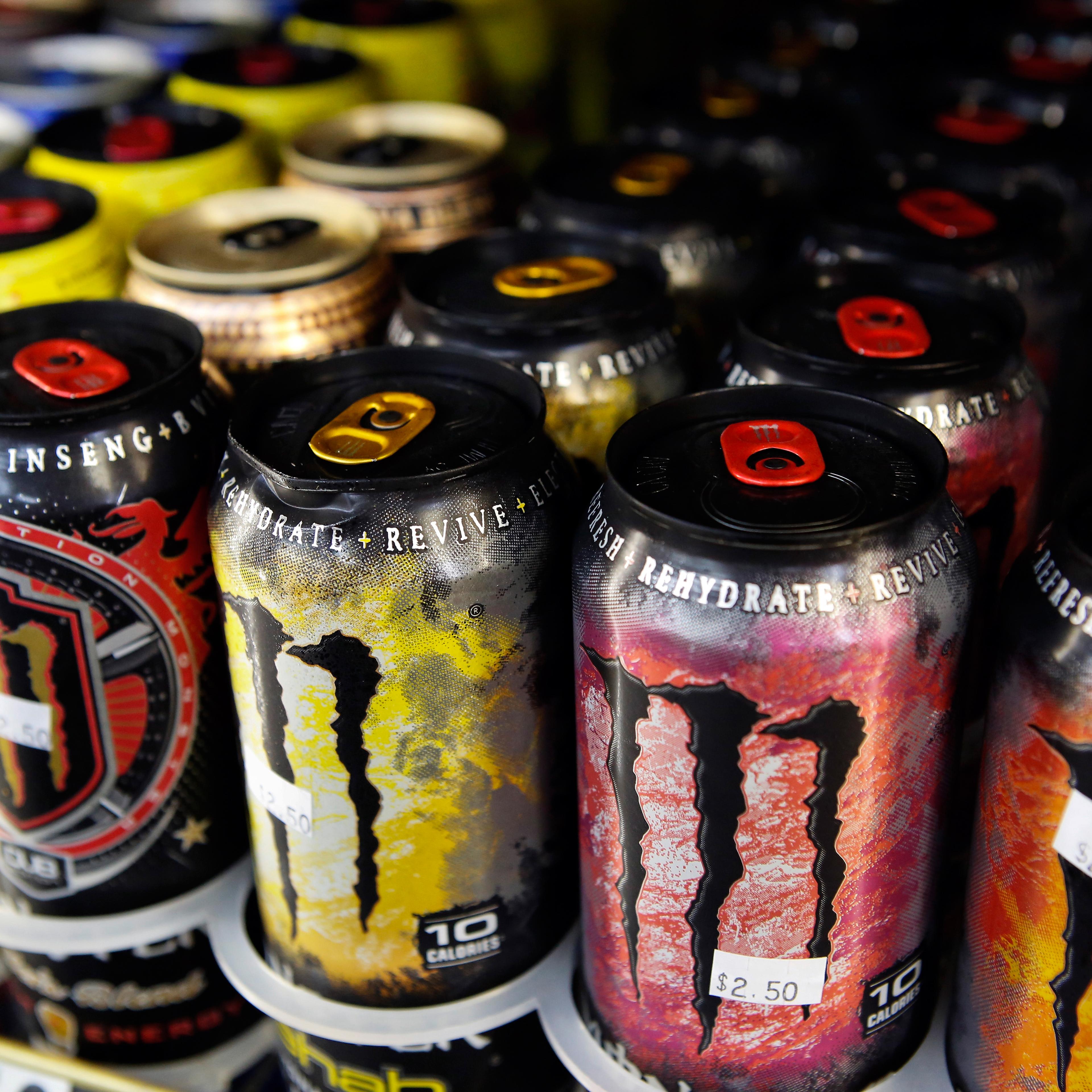 Cans of Monster Beverage Corp. energy drink are displayed for sale at a convenience store in Redondo Beach, California, U.S.