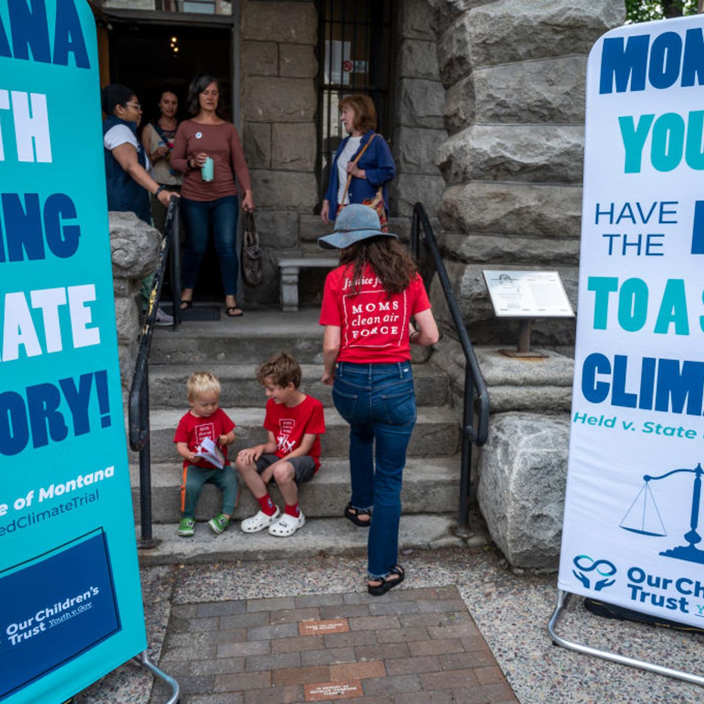 Supporters gather at a theater next to the court house to watch the court proceedings for the nation's first youth climate change trial at Montana's First Judicial District Court on June 12, 2023 in Helena, Montana.