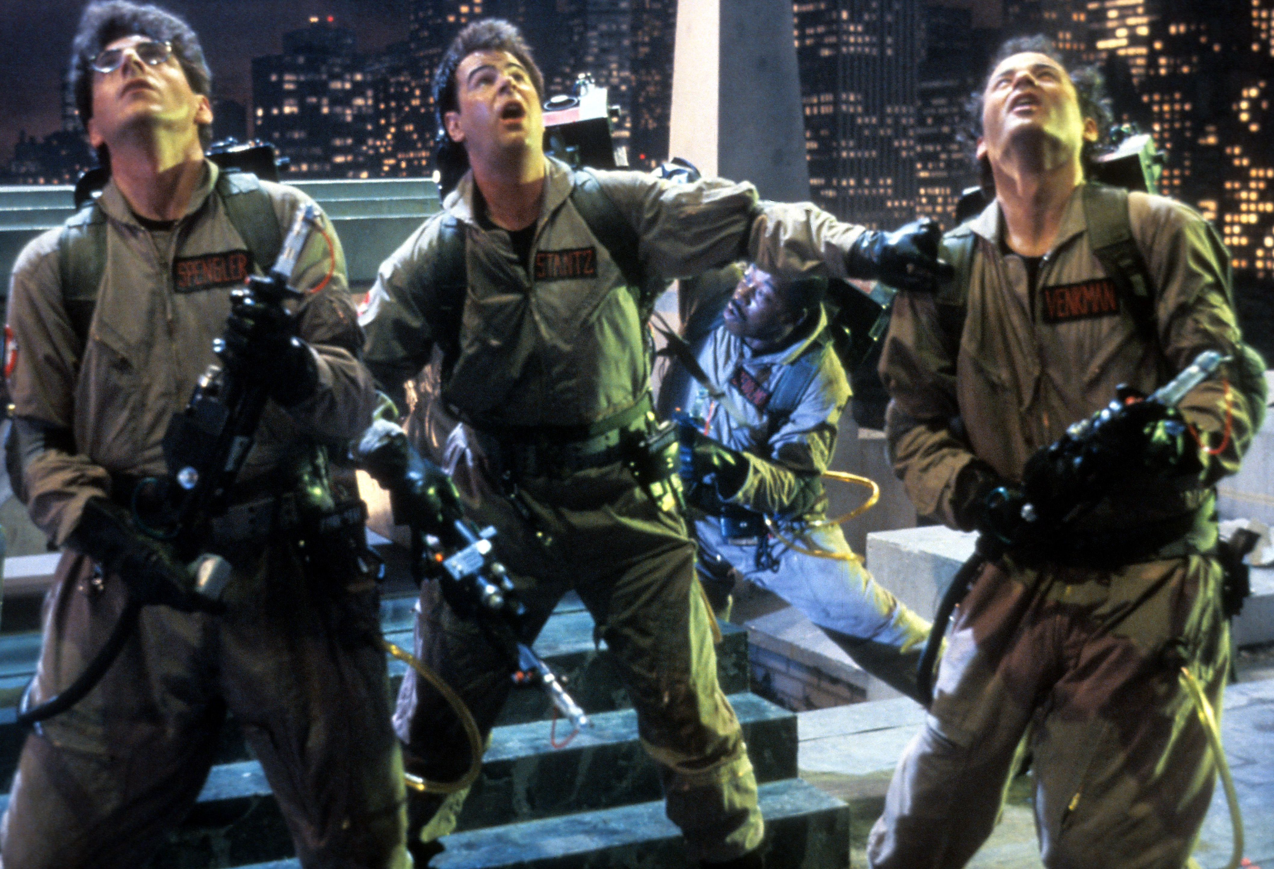 Harold Ramis, Dan Aykroyd, and Bill Murray in a scene from the film 'Ghostbusters', 1984.