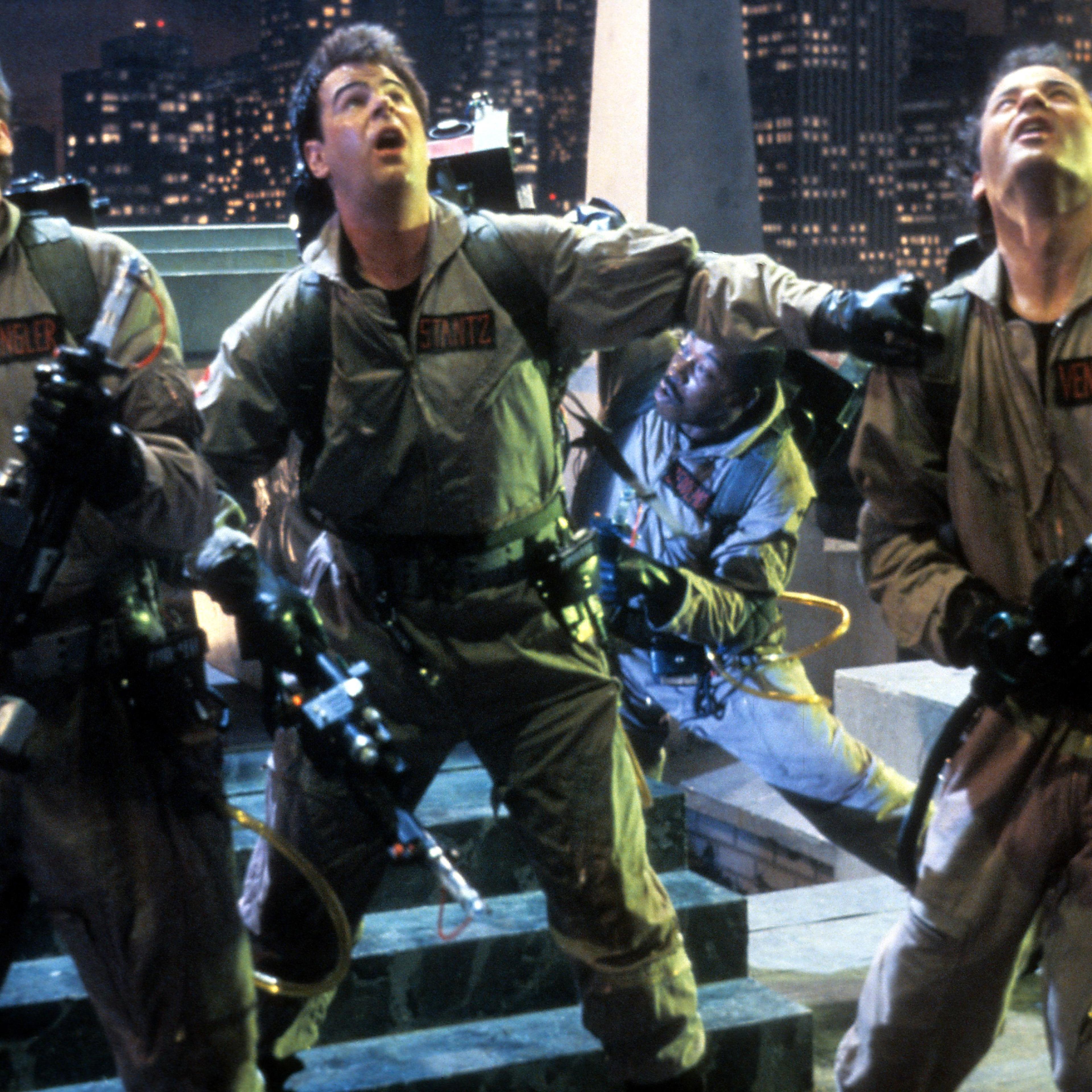 Harold Ramis, Dan Aykroyd, and Bill Murray in a scene from the film 'Ghostbusters', 1984.
