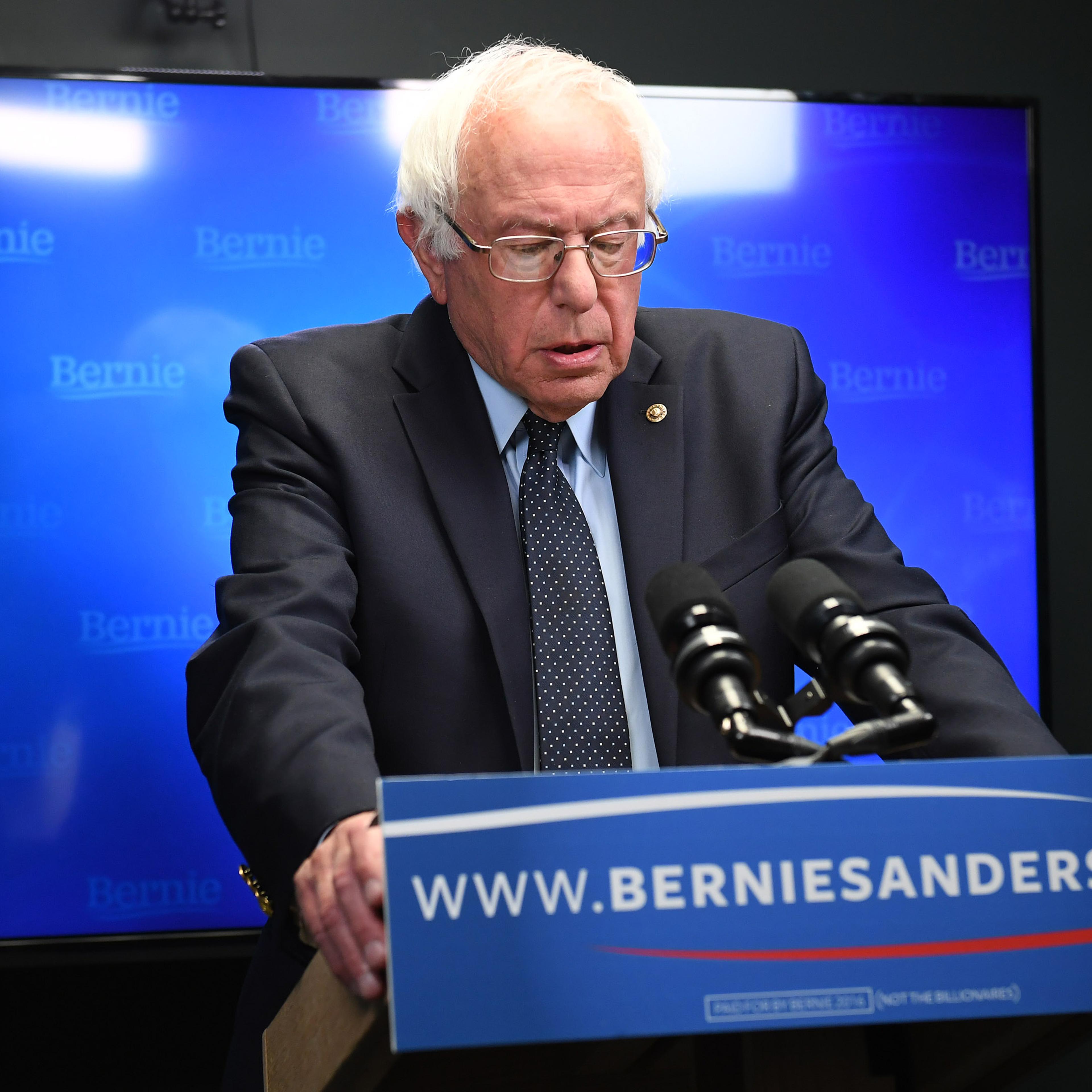 Presidential candidate Bernie Sanders prepares to speak for a video to supporters at Polaris Mediaworks in Burlington, Vt., on June 16, 2016.