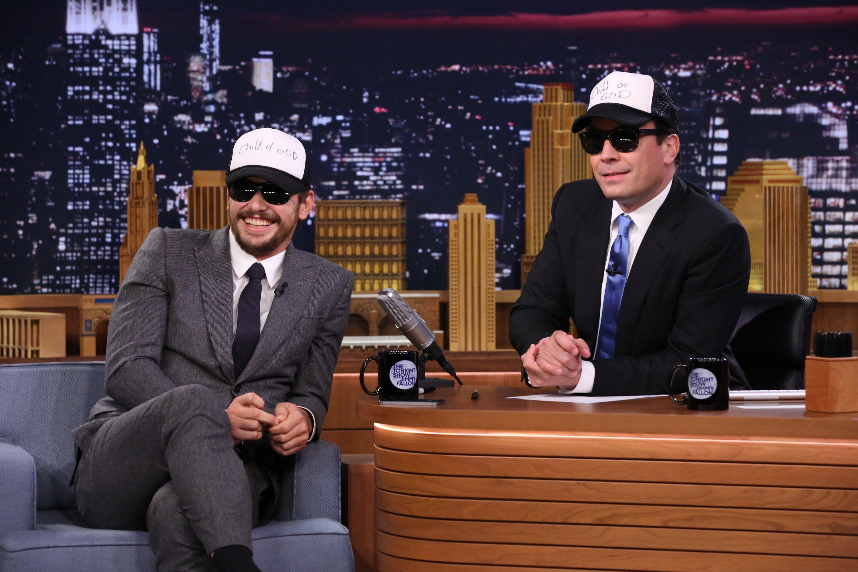 From left: James Franco during an interview with Jimmy Fallon on The Tonight Show in New York City on July 28, 2014.