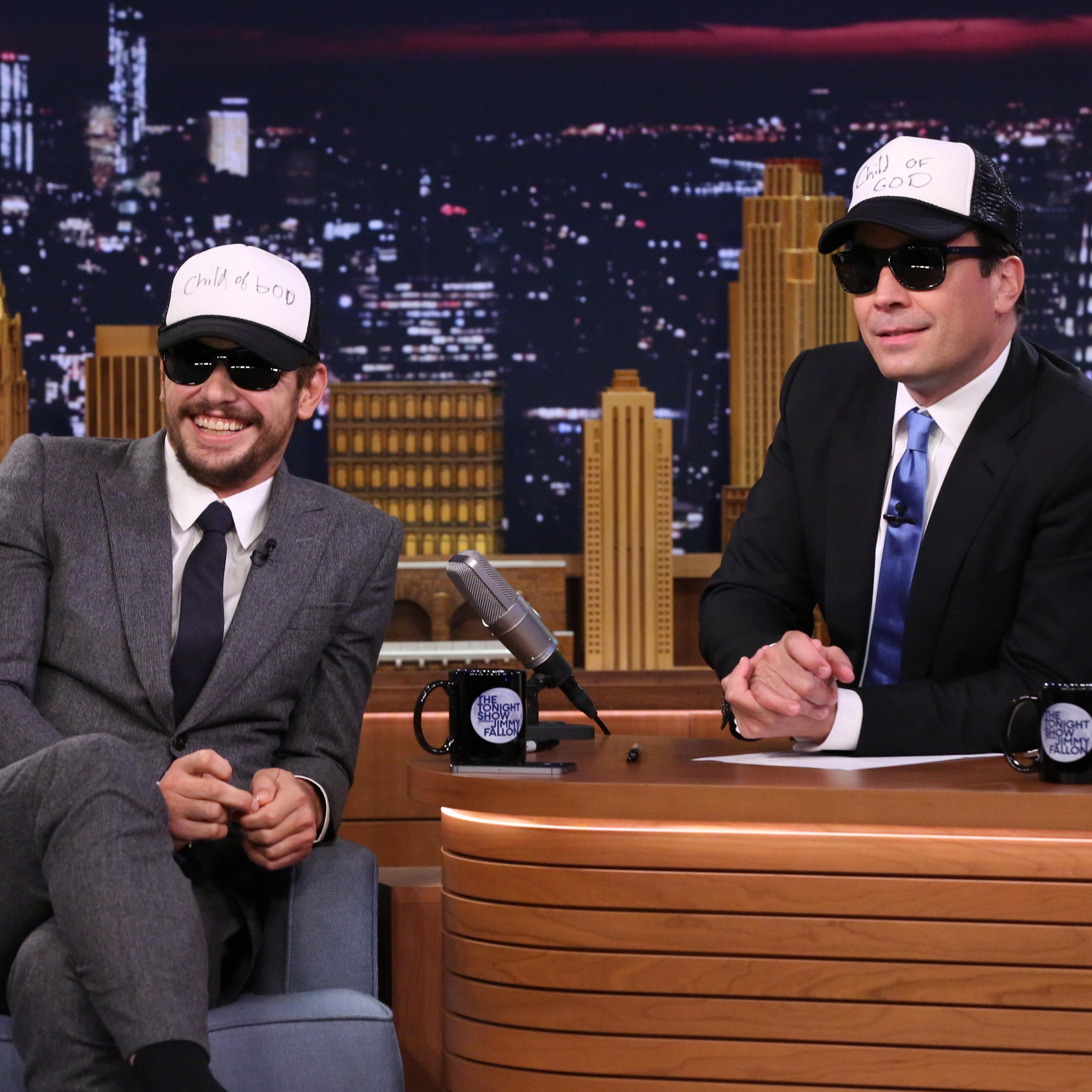 From left: James Franco during an interview with Jimmy Fallon on The Tonight Show in New York City on July 28, 2014.