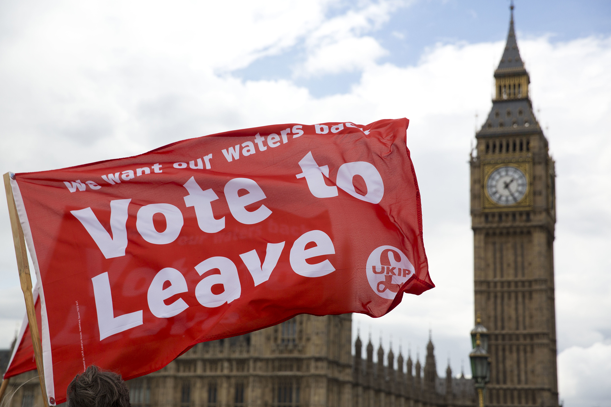 Leave supporters hold flags as they stand on Westminster Bridge during an EU referendum campaign stunt in which a flotilla of boats supporting "Leave" sailed up the River Thames outside the Houses of Parliament in London, Wednesday, June 15, 2016. A flot