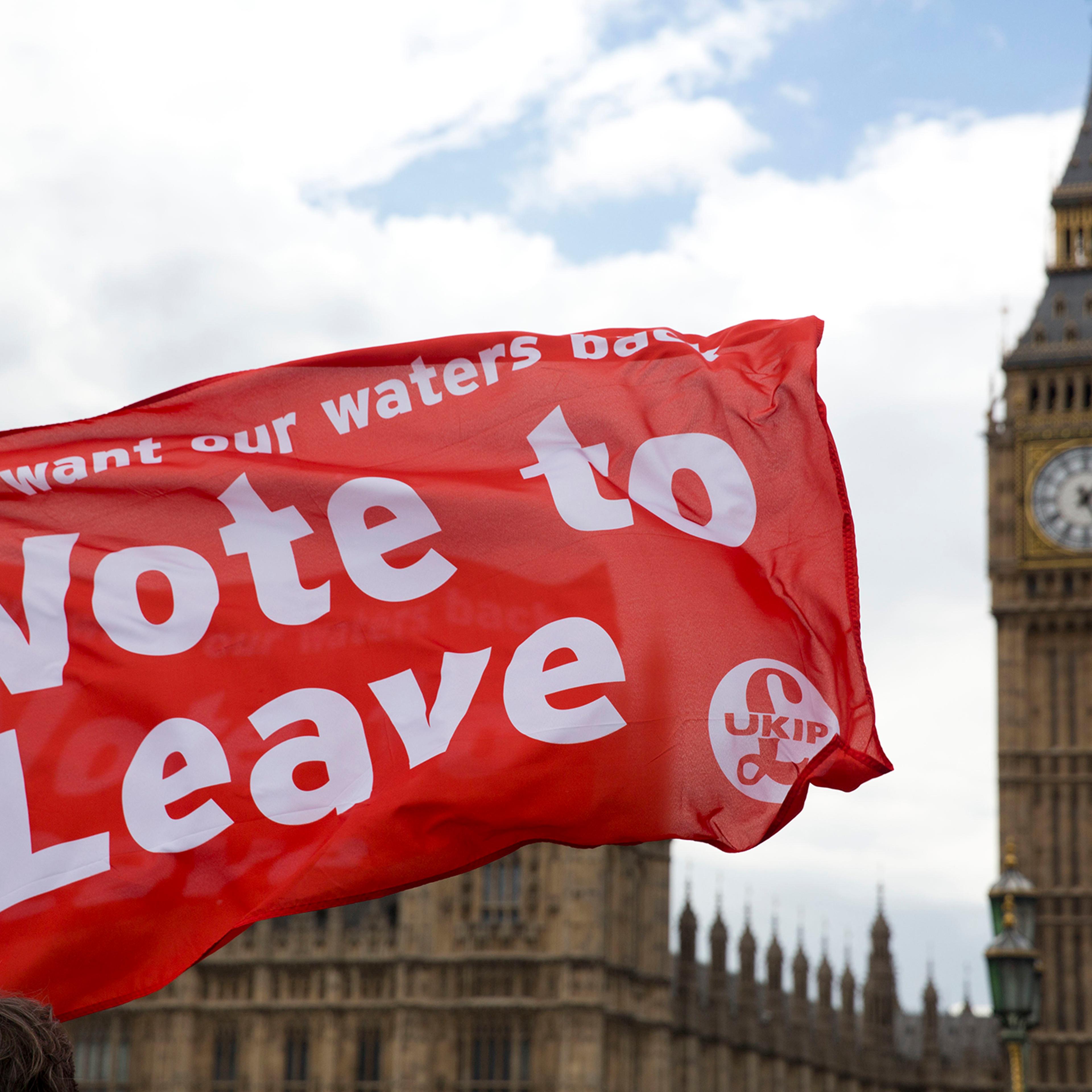 Leave supporters hold flags as they stand on Westminster Bridge during an EU referendum campaign stunt in which a flotilla of boats supporting "Leave" sailed up the River Thames outside the Houses of Parliament in London, Wednesday, June 15, 2016. A flot
