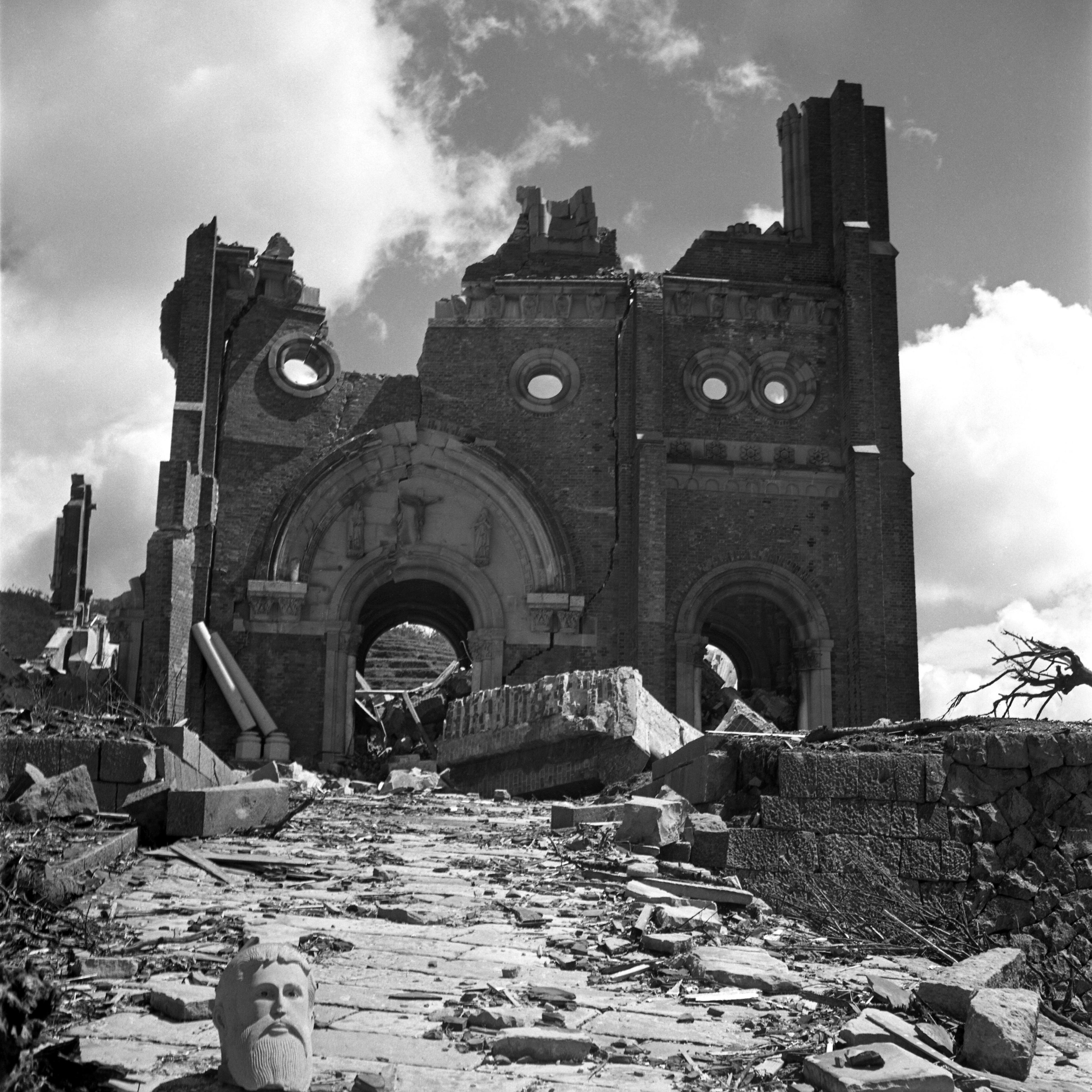 Urakami Cathedral (Roman Catholic), stands in the ruins and destruction after the atomic bomb fell on Nagasaki.