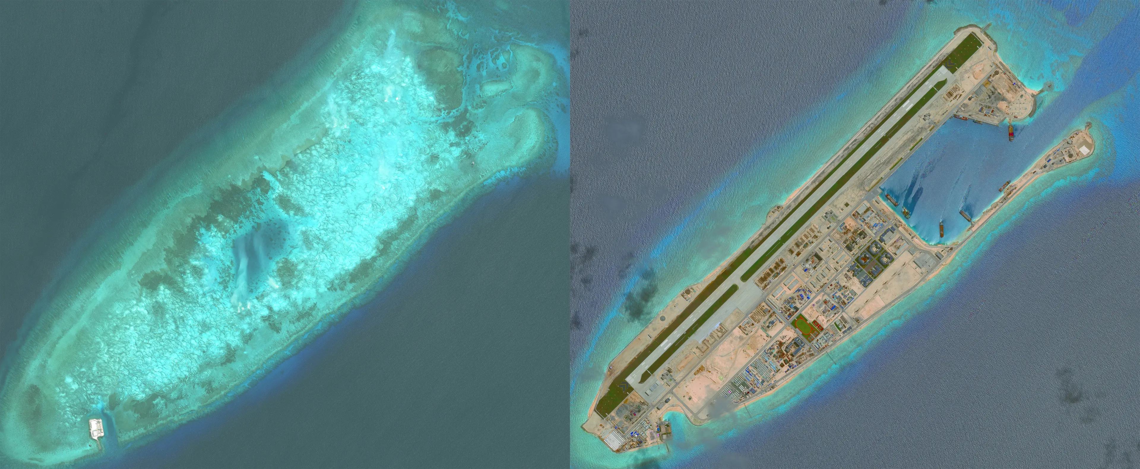 DigitalGlobe overview imagery comparing Fiery Cross Reef from May 31, 2014 to June 3, 2016. Fiery Cross is located in the western part of the Spratly Islands group in the South China Sea. Photo DigitalGlobe via Getty Images.