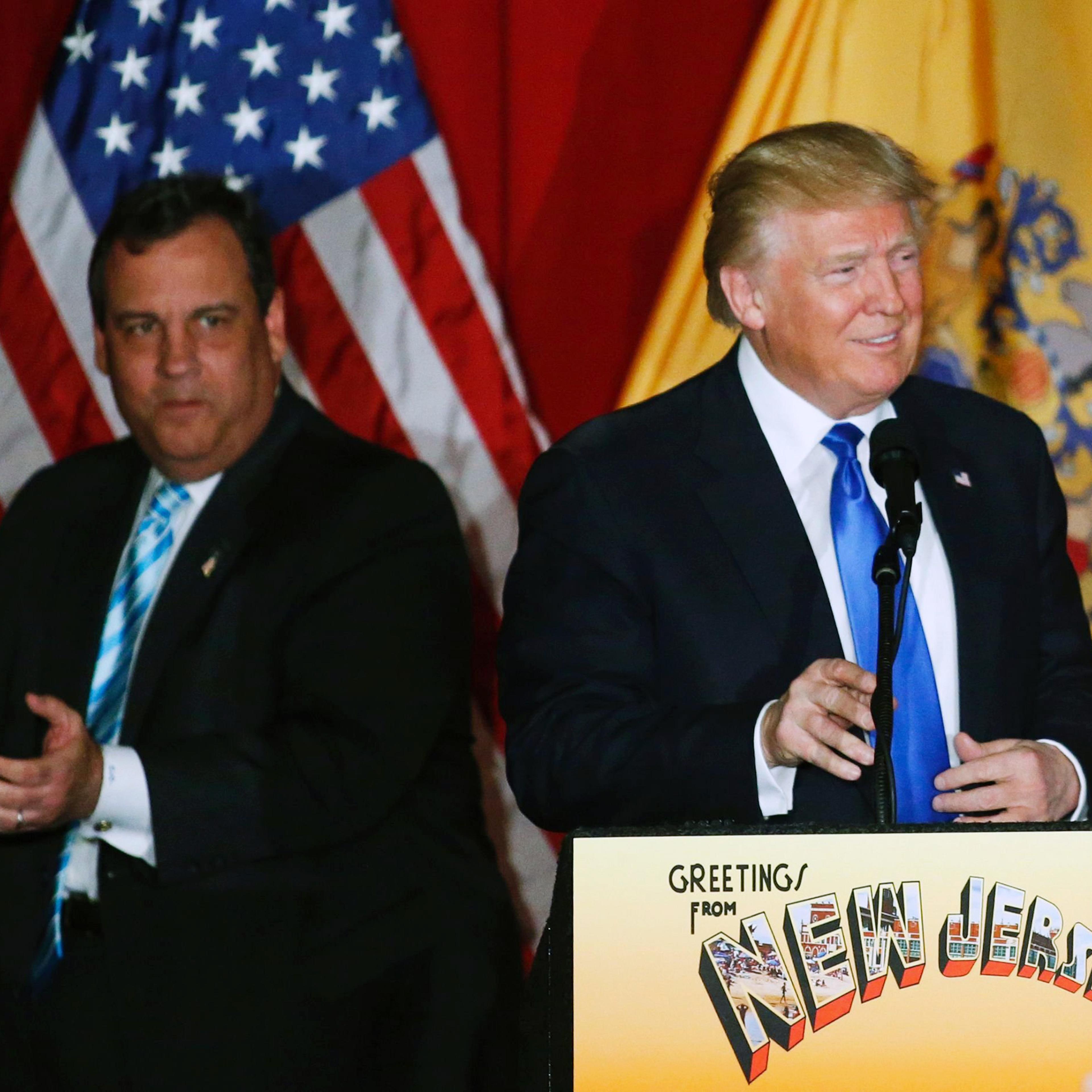 Republican presidential candidate Donald Trump and New Jersey Gov. Chris Christie greet the crowd at a fundraising event in Lawrenceville, N.J. on May 19, 2016.