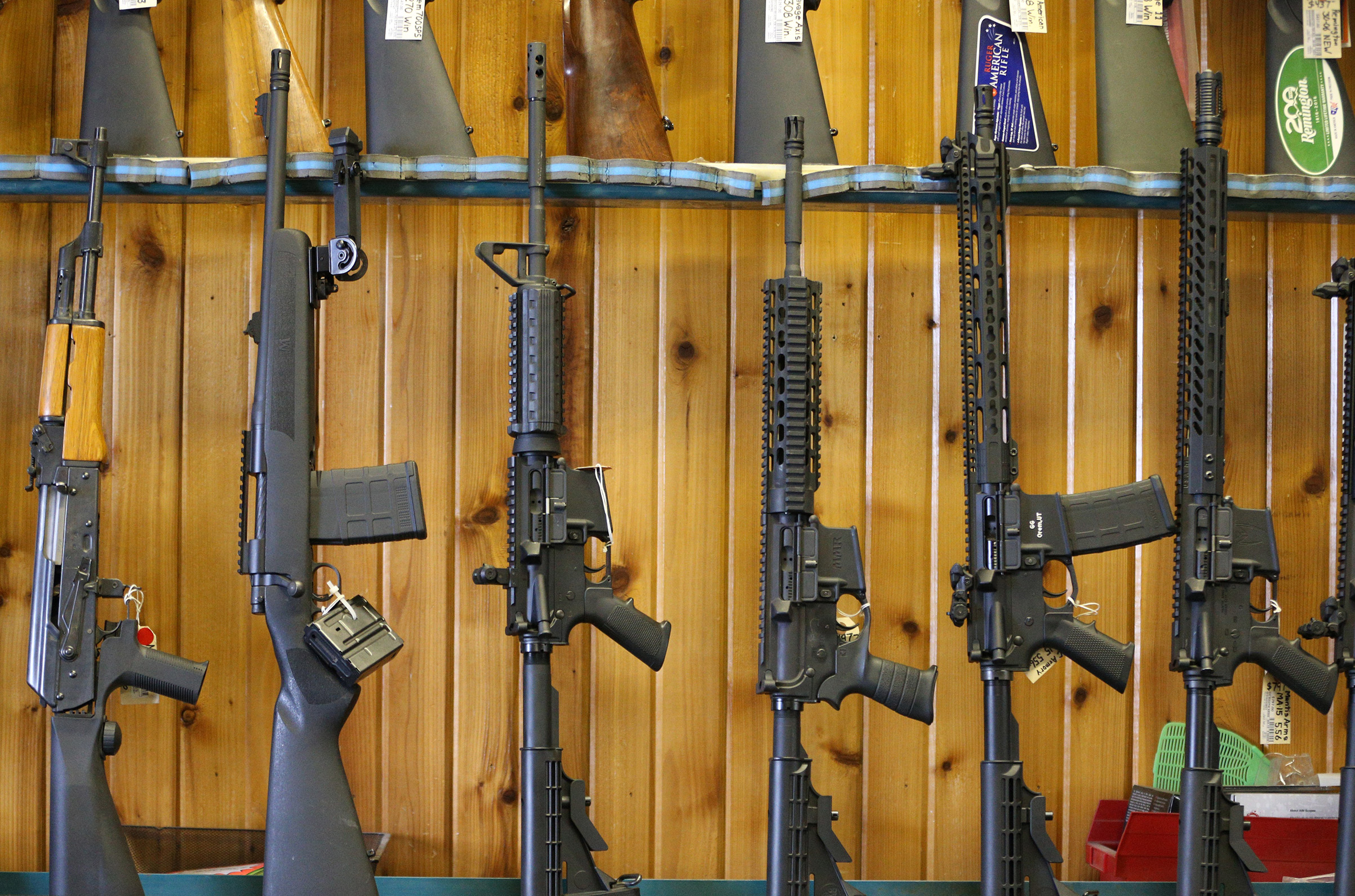 Semi-automatic AR-15's are for sale at Good Guys Guns &amp; Range on Feb. 15, 2018, in Orem, Utah.
