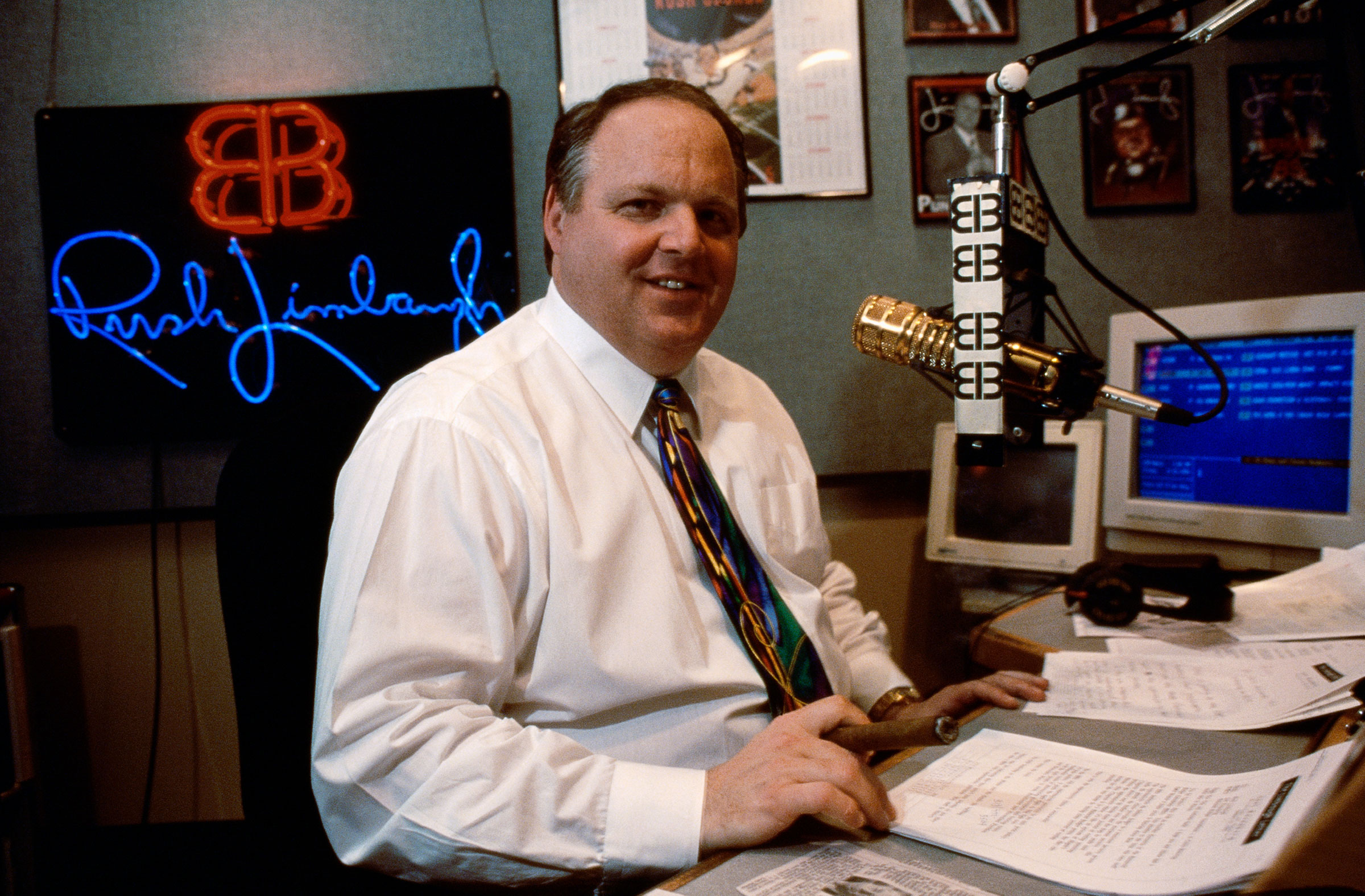 Rush Limbaugh in his studio during his radio show, 1995.