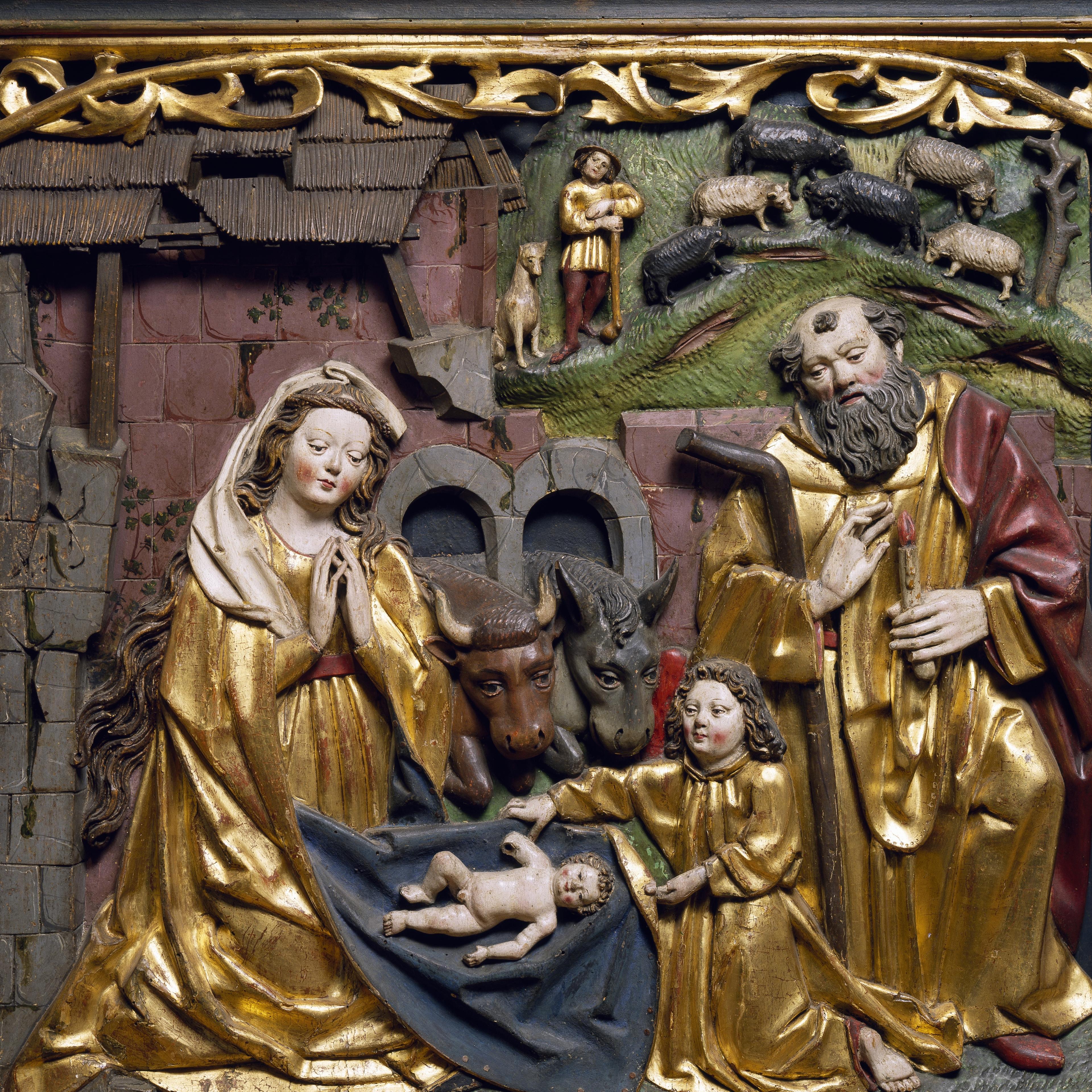 Nativity, detail from Altar of Mary, German school, polychrome wood relief, 16th century/