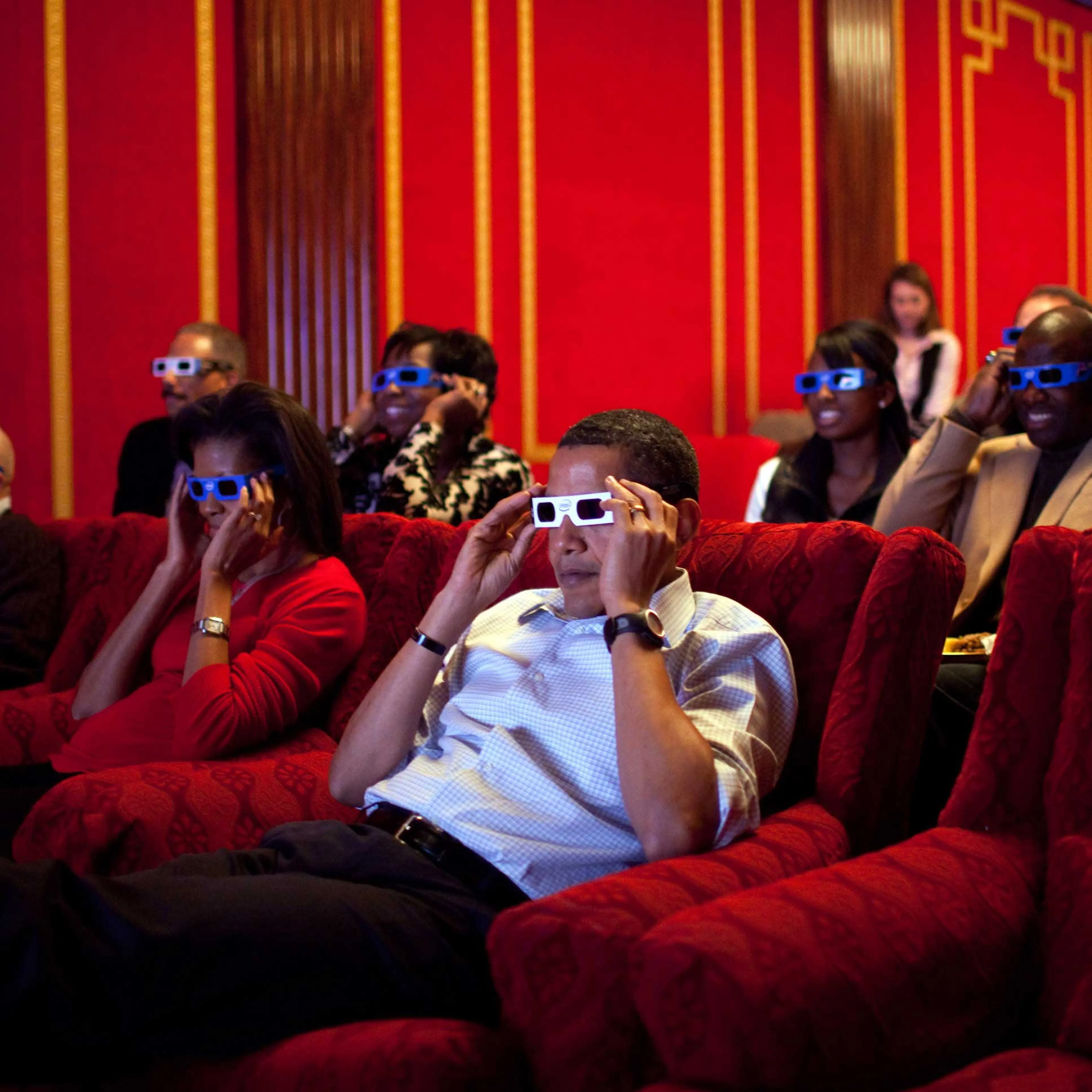 Feb. 1, 2009“During a Super Bowl watching party in the White House theatre, the President and First Lady join their guests in watching one of the TV commercials in 3D.” (Official White House photo by Pete Souza)This official White House photograph is bei