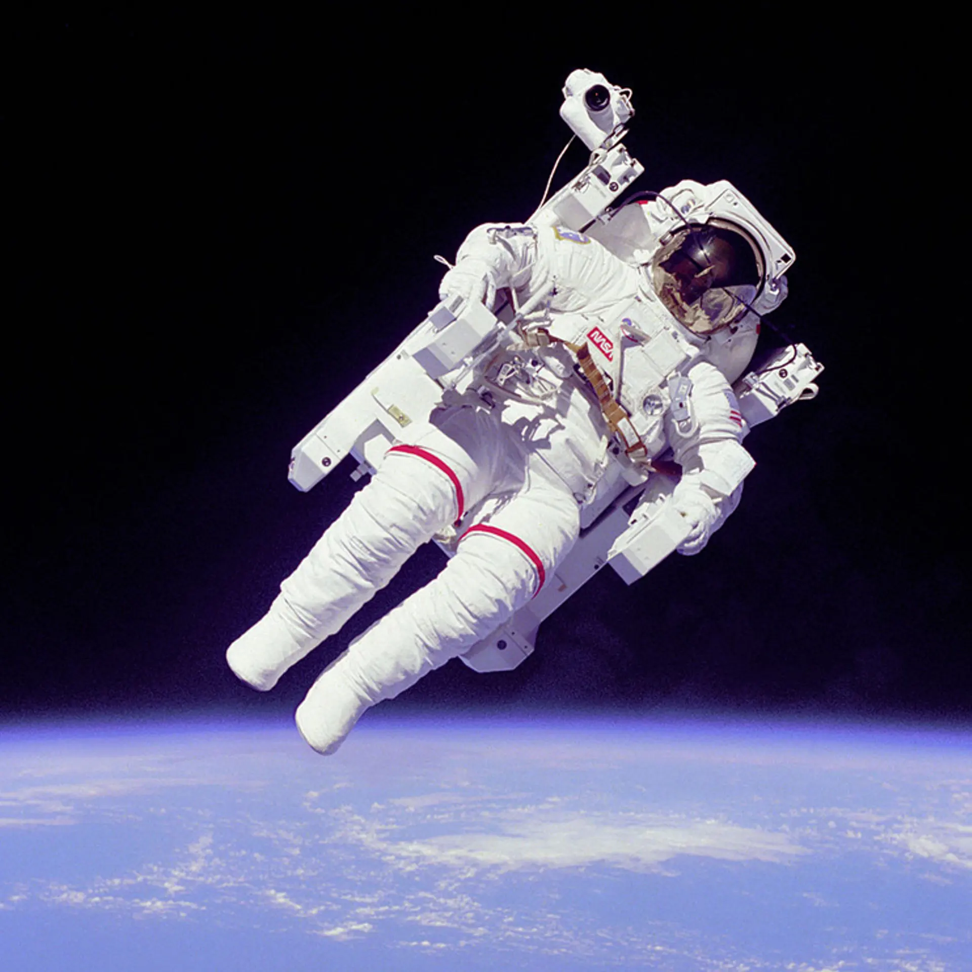 Bruce McCandless, first "untethered space walk" in history, Feb. 1984.