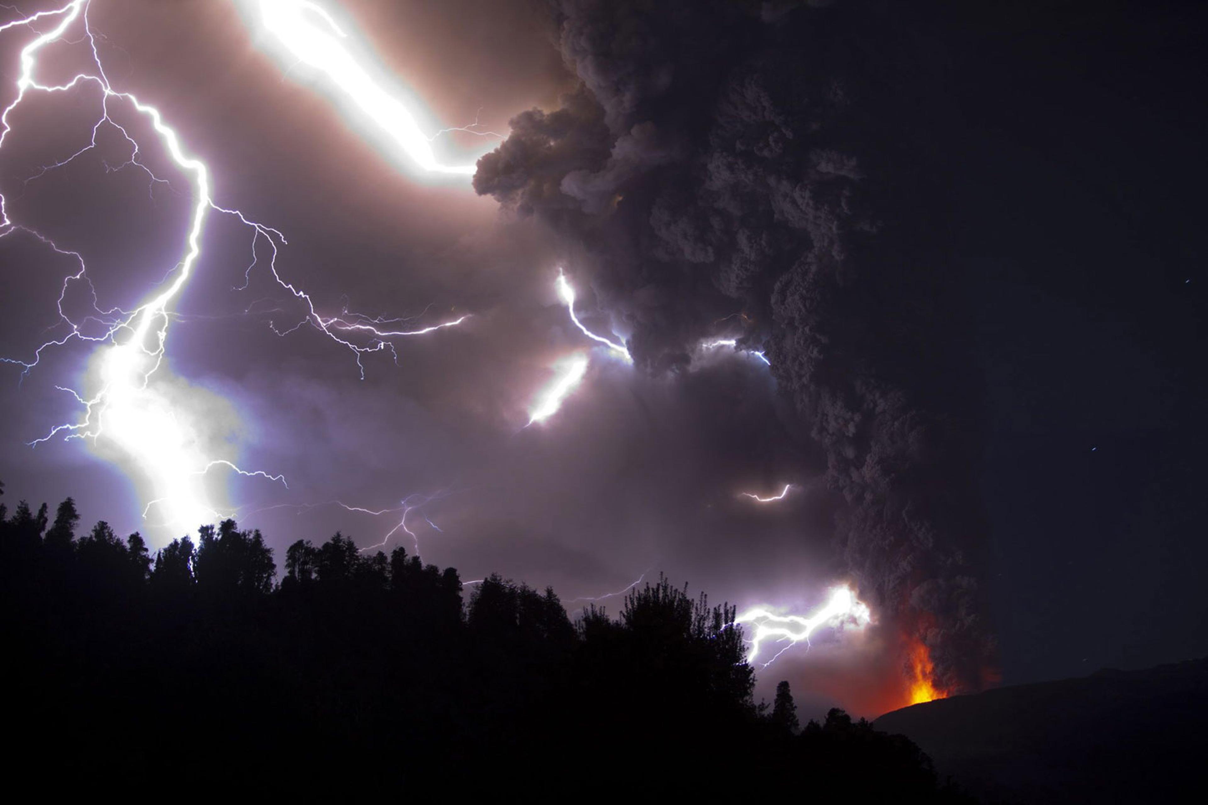 Ash billowing from Puyehue volcano as lightening strikes in southern Chile on June 5, 2011.