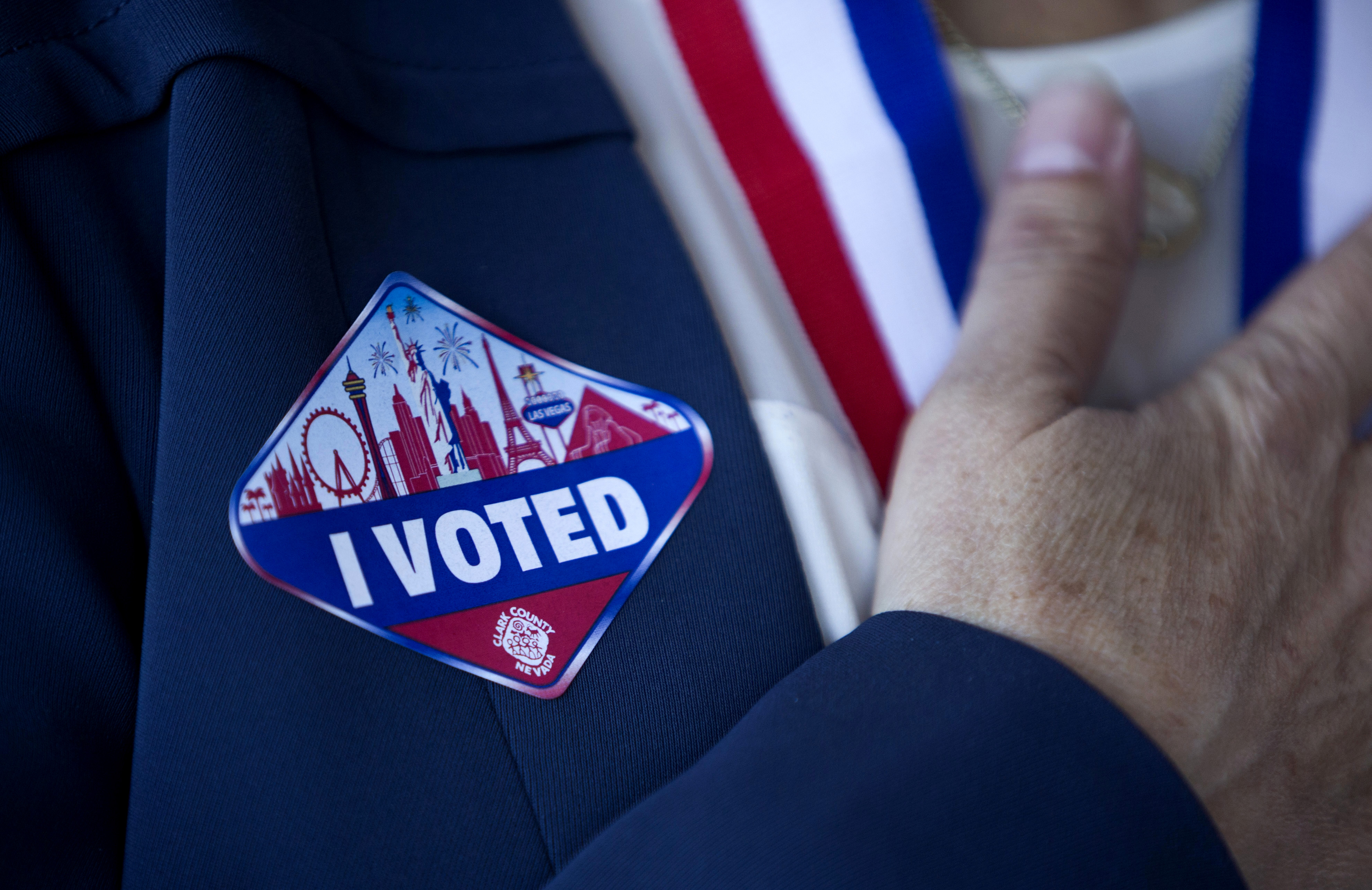 A voter wears a sticker after voting at an early voting site in Nevada on Nov. 2, 2016.
