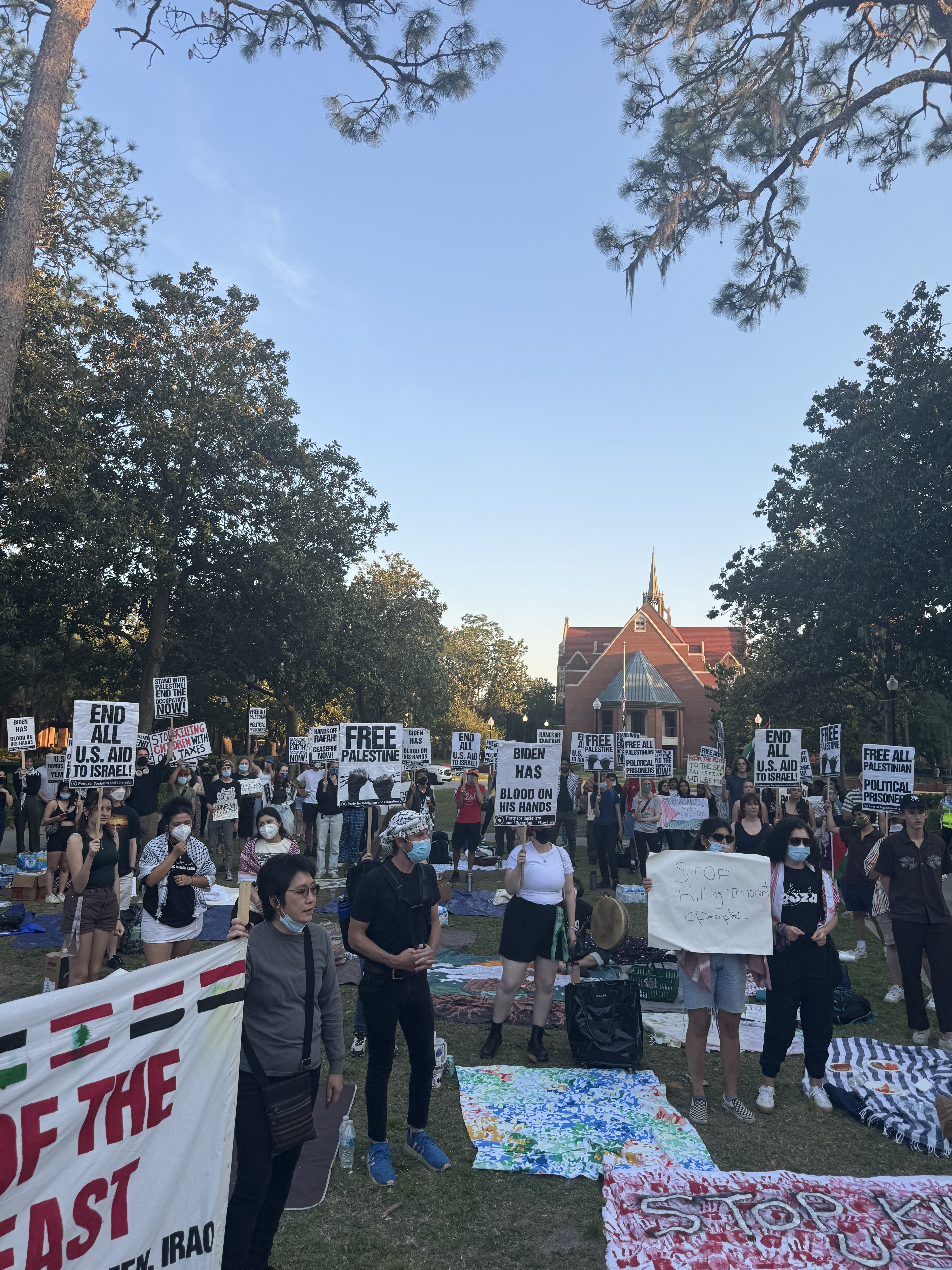 Students gather for an encampment at the University of Florida in April 2024. 