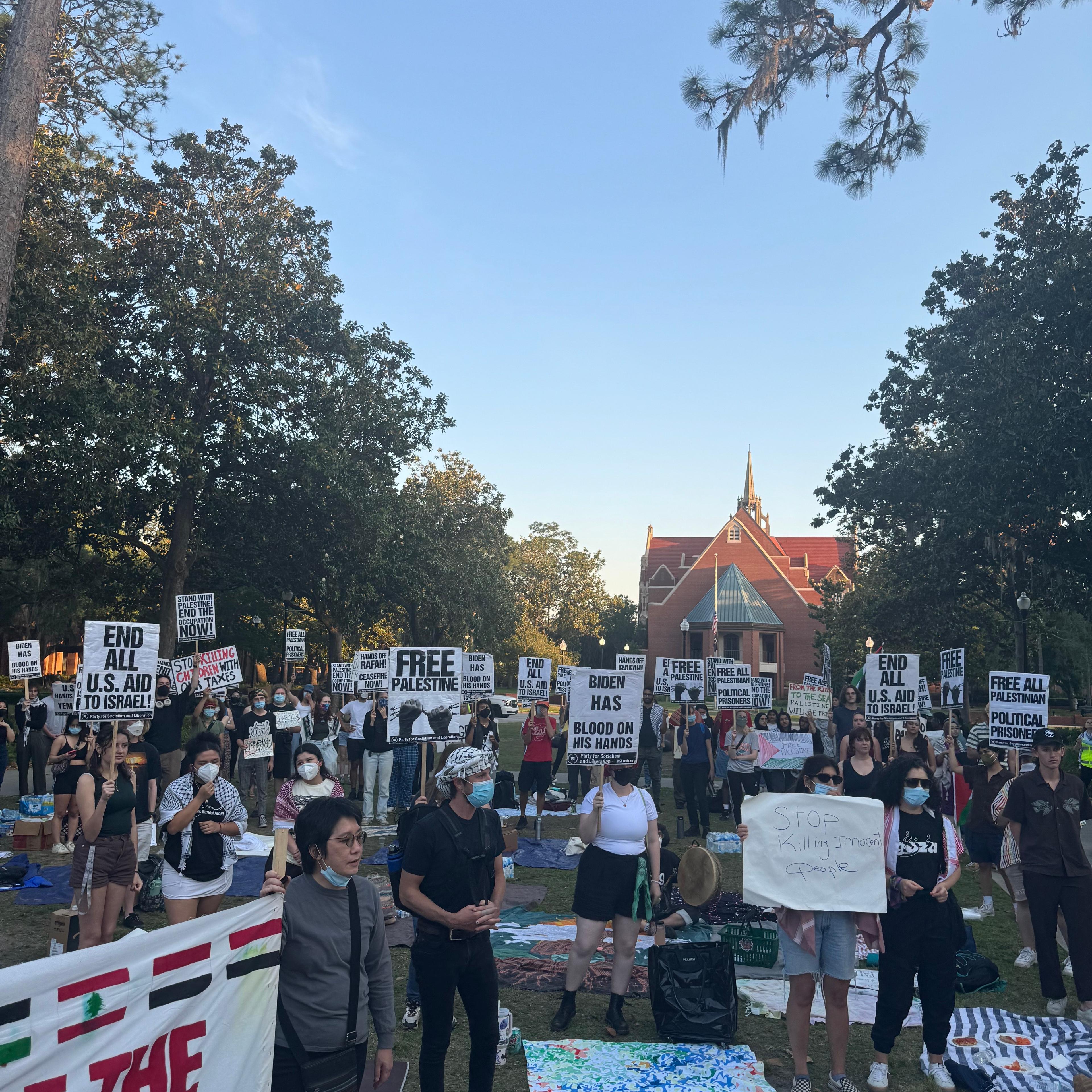 Students gather for an encampment at the University of Florida in April 2024.
