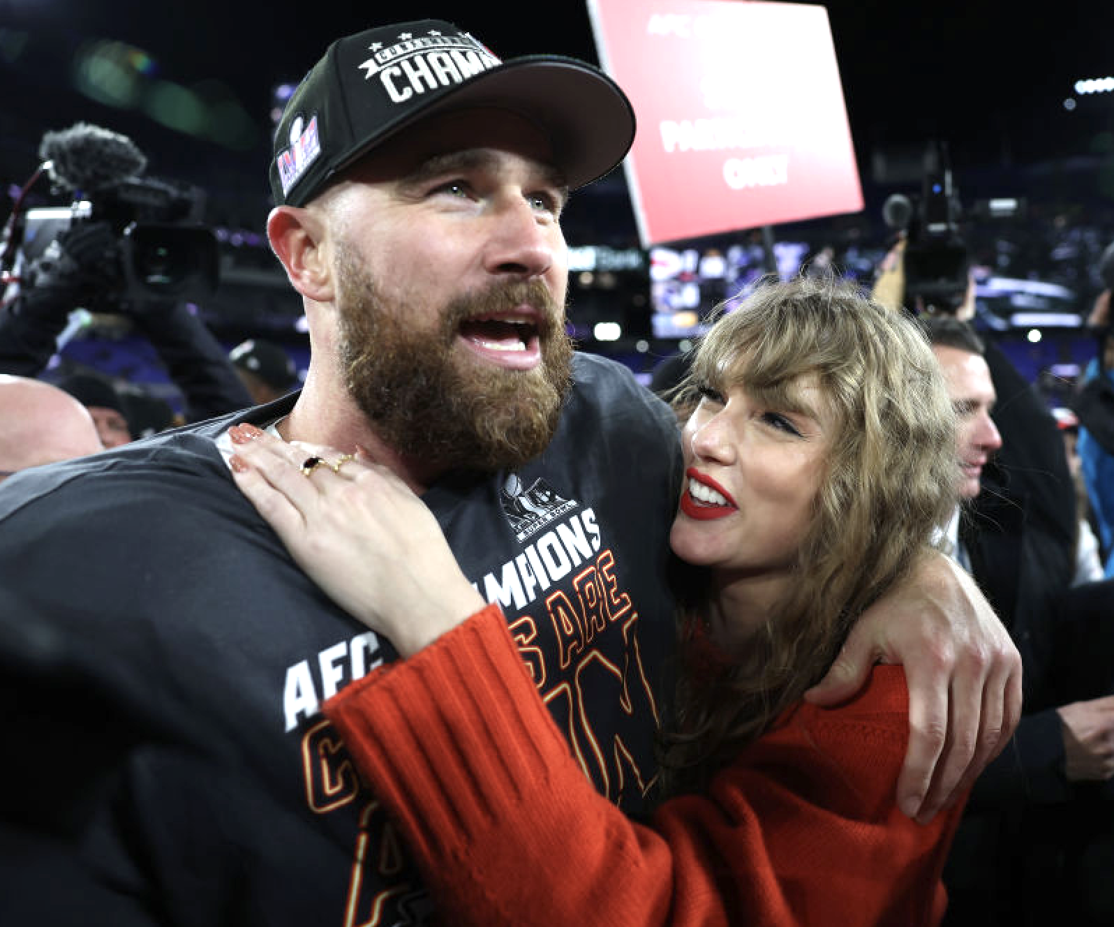 Taylor Swift debuted a home video featuring footage of her boyfriend Travis Kelce when promoting her new album, The Tortured Poets Department. The couple is seen here in January 2024. 