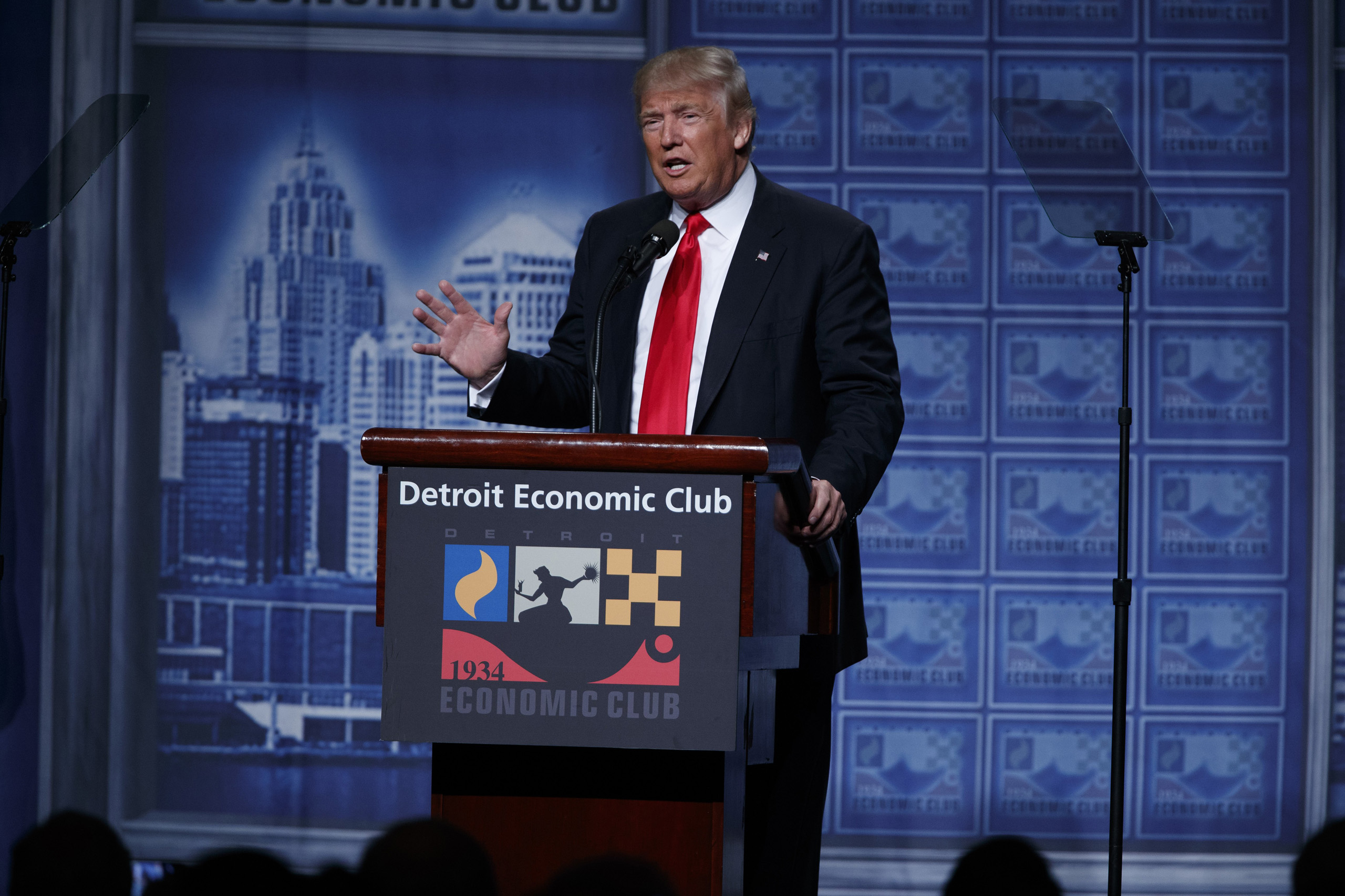 Republican presidential candidate Donald Trump delivers an economic policy speech to the Detroit Economic Club in Detroit on Aug. 8, 2016.