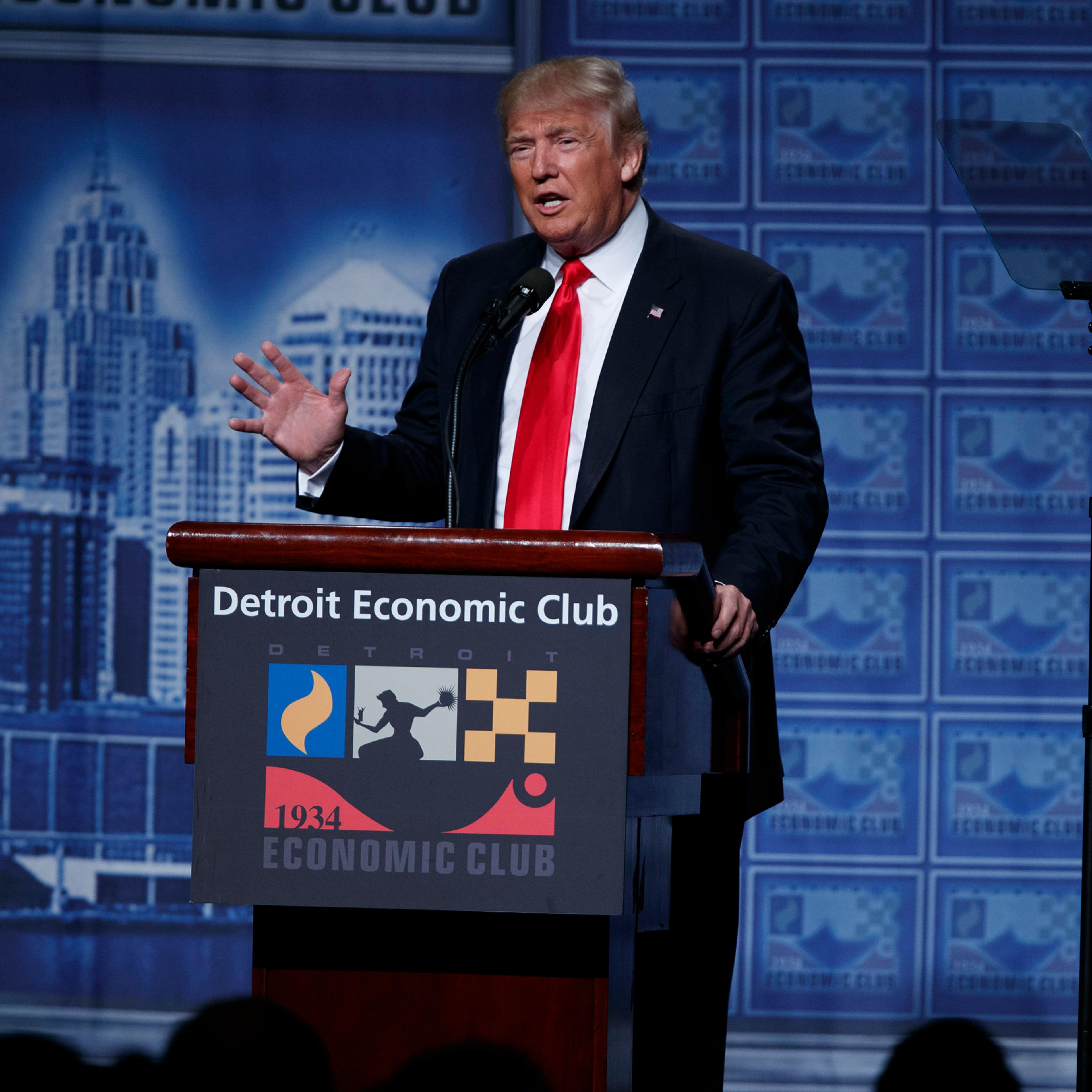 Republican presidential candidate Donald Trump delivers an economic policy speech to the Detroit Economic Club in Detroit on Aug. 8, 2016.