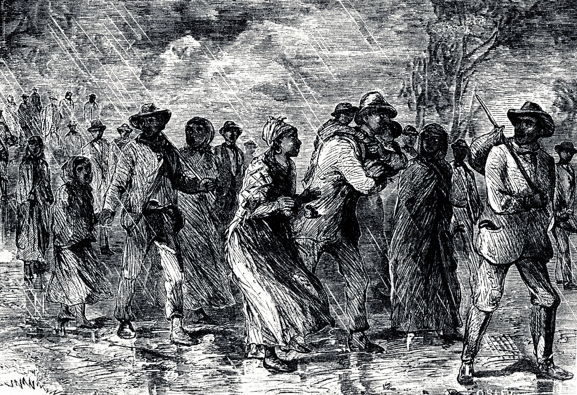 An engraving showing Slaves fleeing from Maryland to Delaware by way of the 'Underground Railroad', 1850-1851.