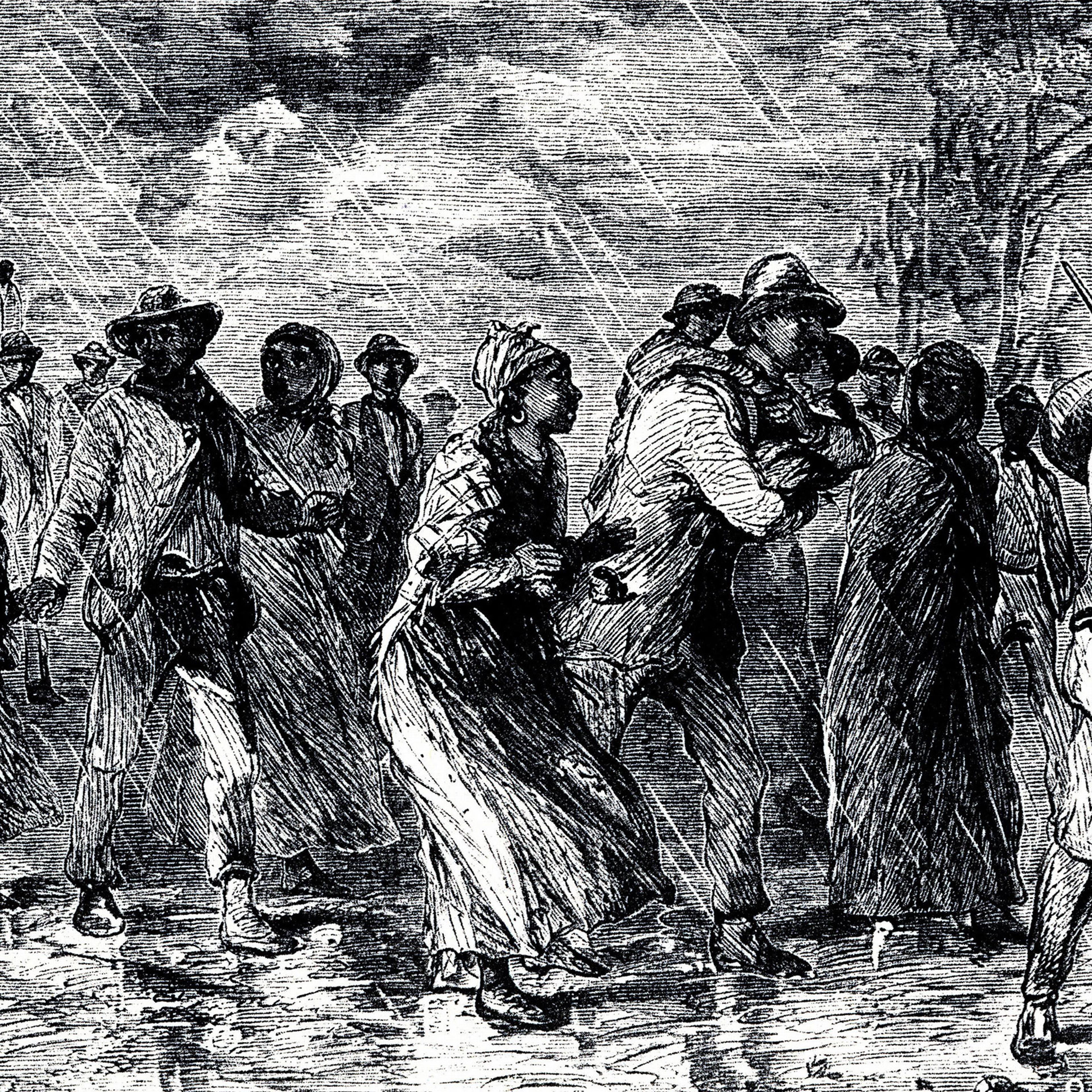 An engraving showing Slaves fleeing from Maryland to Delaware by way of the 'Underground Railroad', 1850-1851.