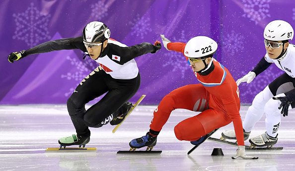 North Korean speed skater Jong Kwang Bom falls at the PyeongChang 2018 Winter Olympics