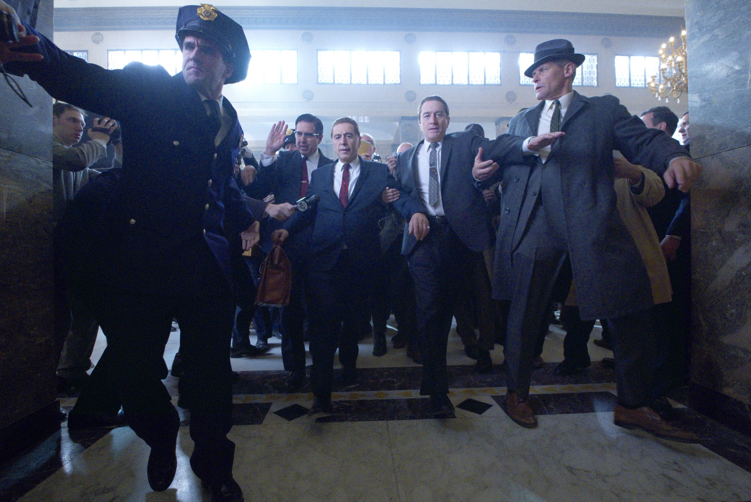 THE IRISHMAN (2019)Ray Ramano (Bill Bufalino ) Al Pacino (Jimmy Hoffa) and Robert De Niro (Frank Sheeran)