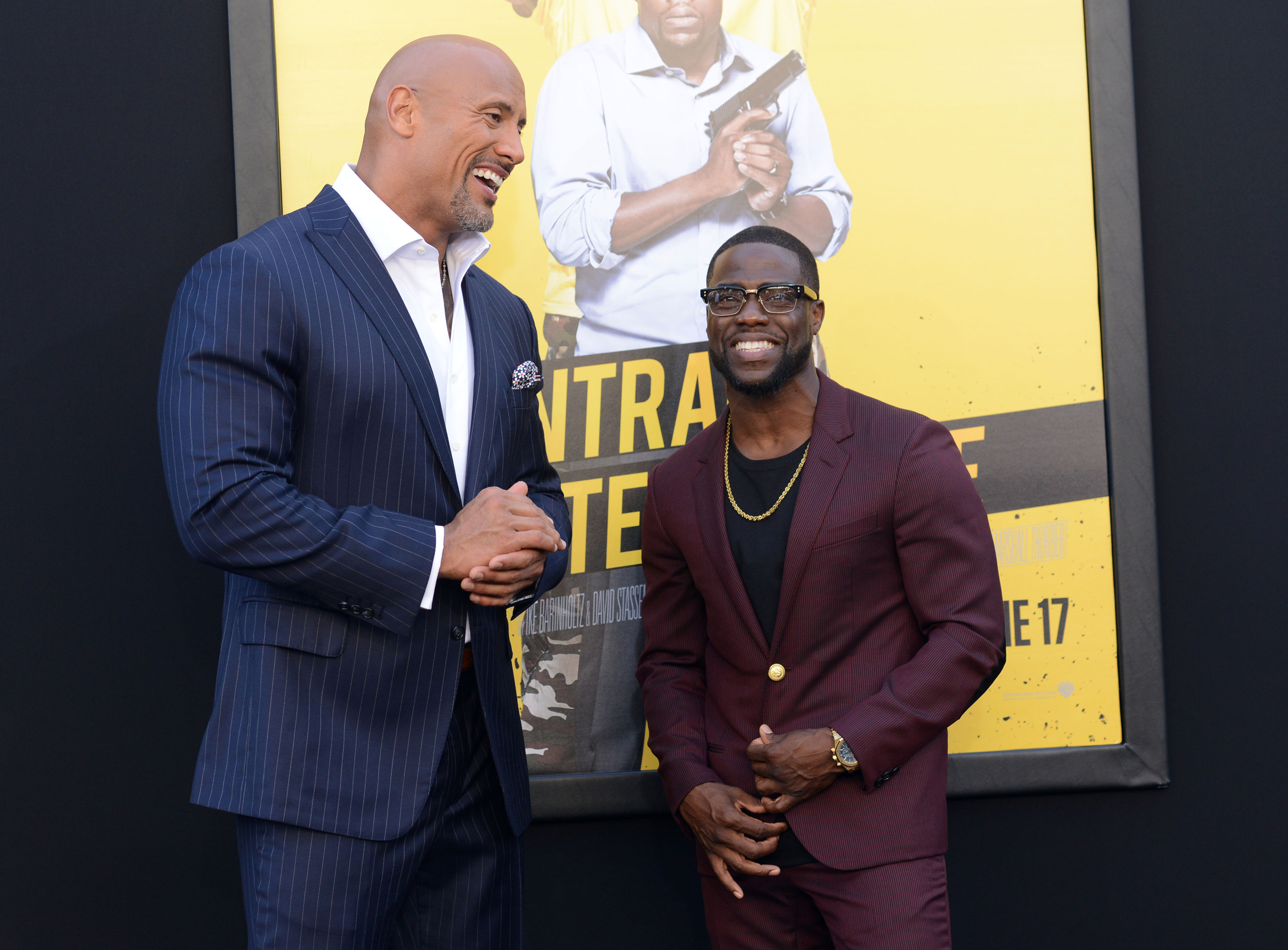 Dwayne Johnson and Kevin Hart attend the Warner Bros Premiere of Central Intelligence, in Westwood, California, on June 10, 2016.