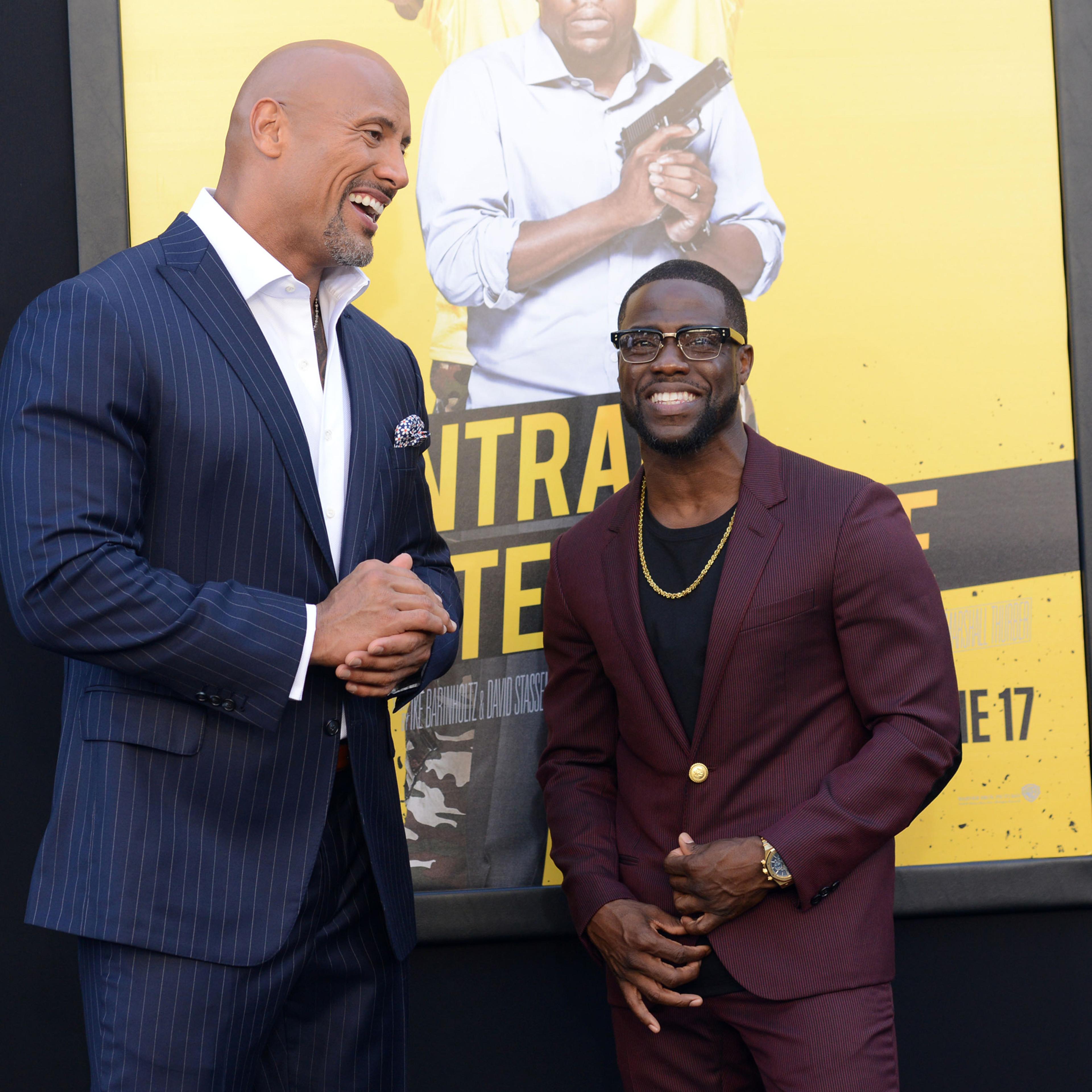 Dwayne Johnson and Kevin Hart attend the Warner Bros Premiere of Central Intelligence, in Westwood, California, on June 10, 2016.