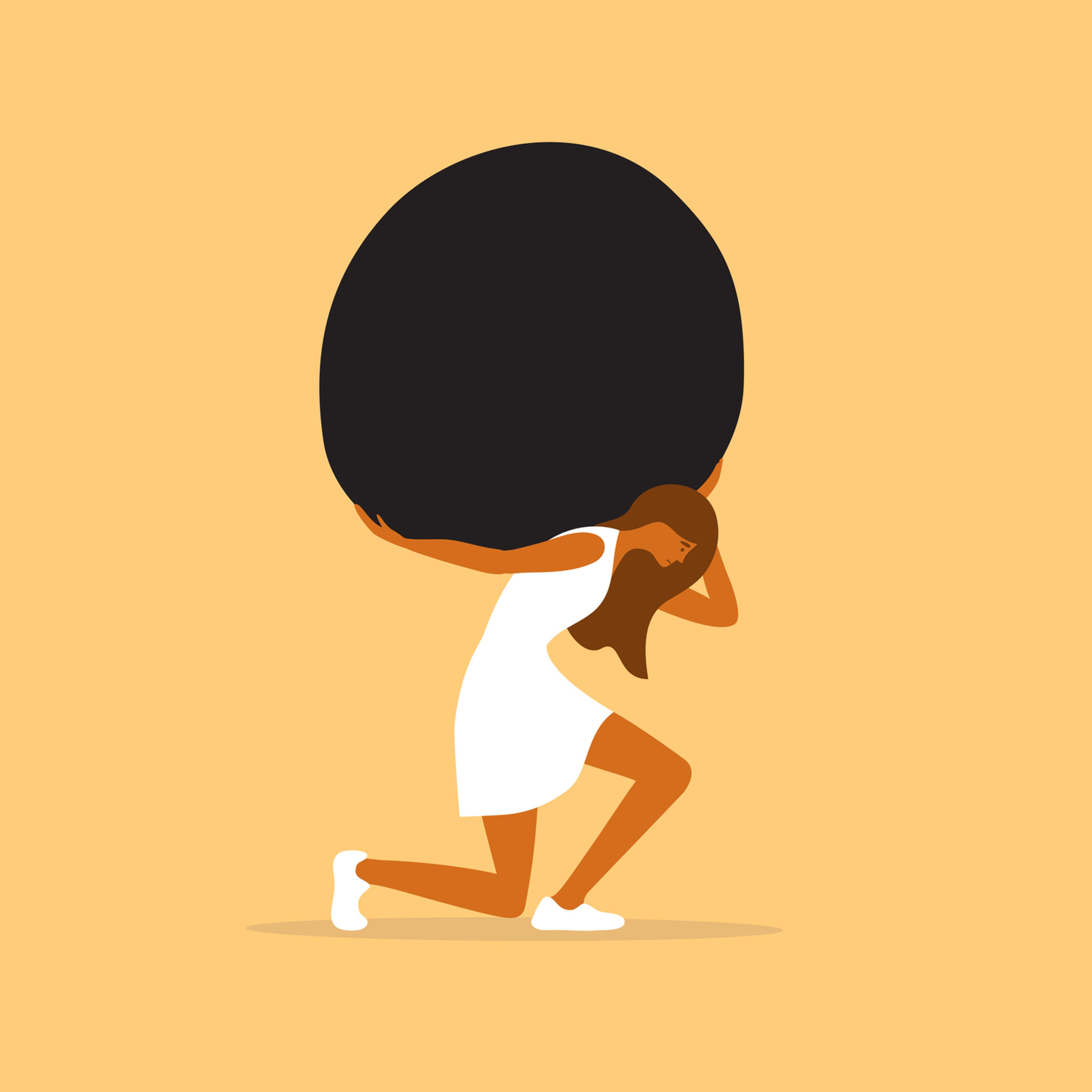 Vector illustration of unhappy tired female character holding huge stone on shoulders
