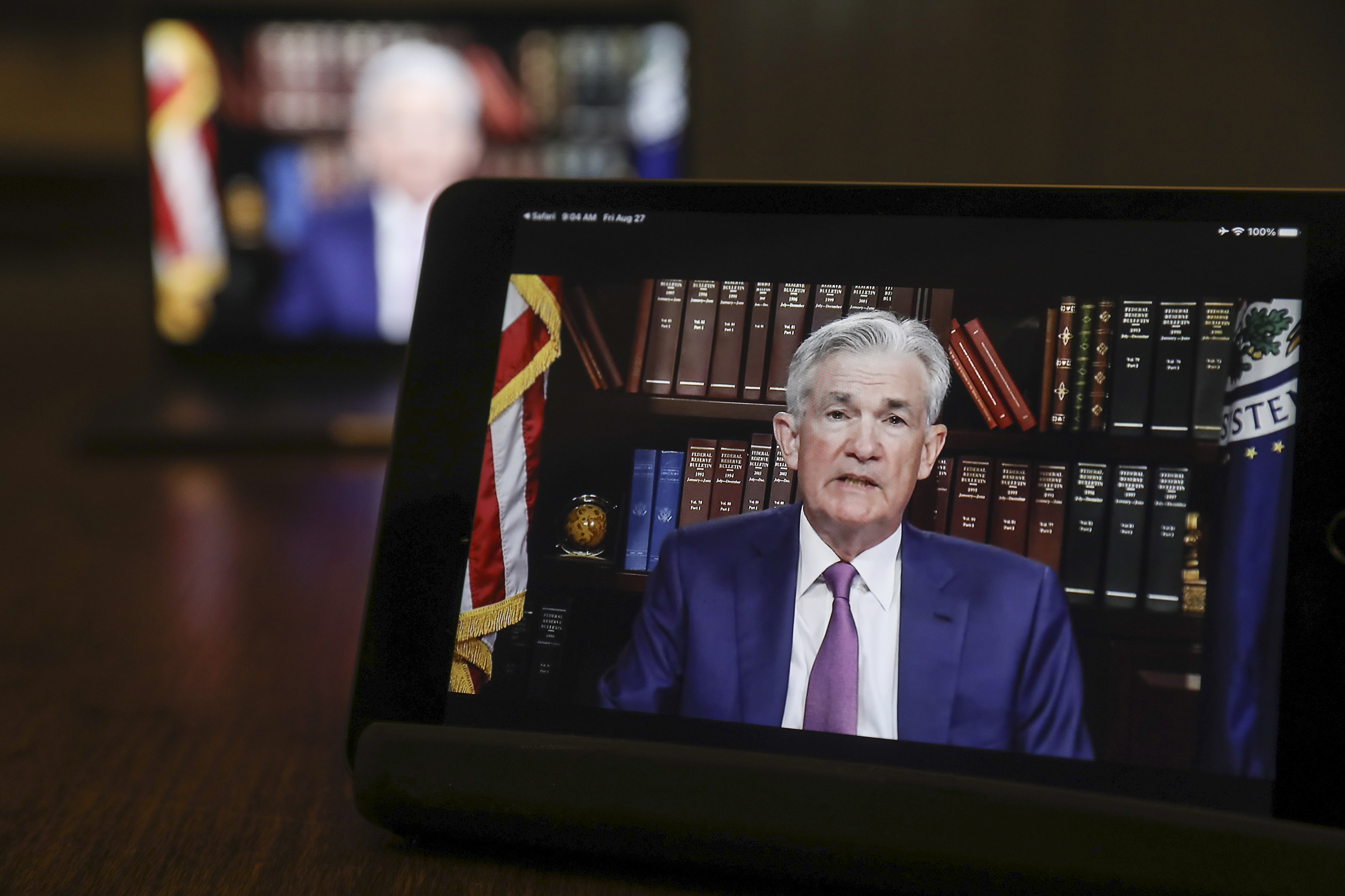 Jerome Powell, chairman of the U.S. Federal Reserve, speaks virtually during the Jackson Hole economic symposium in Tiskilwa, Ill. on Aug. 27.