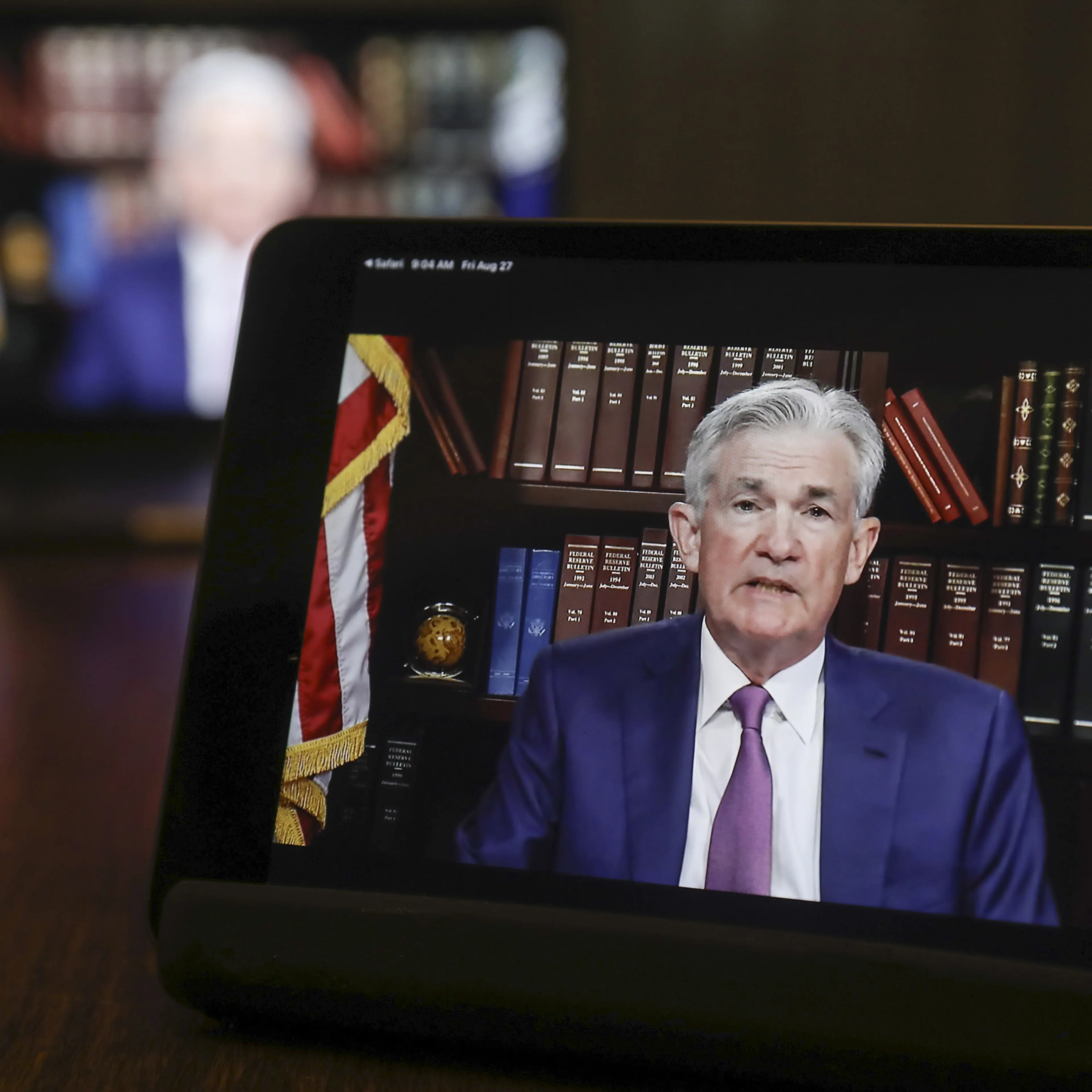 Jerome Powell, chairman of the U.S. Federal Reserve, speaks virtually during the Jackson Hole economic symposium in Tiskilwa, Ill. on Aug. 27.