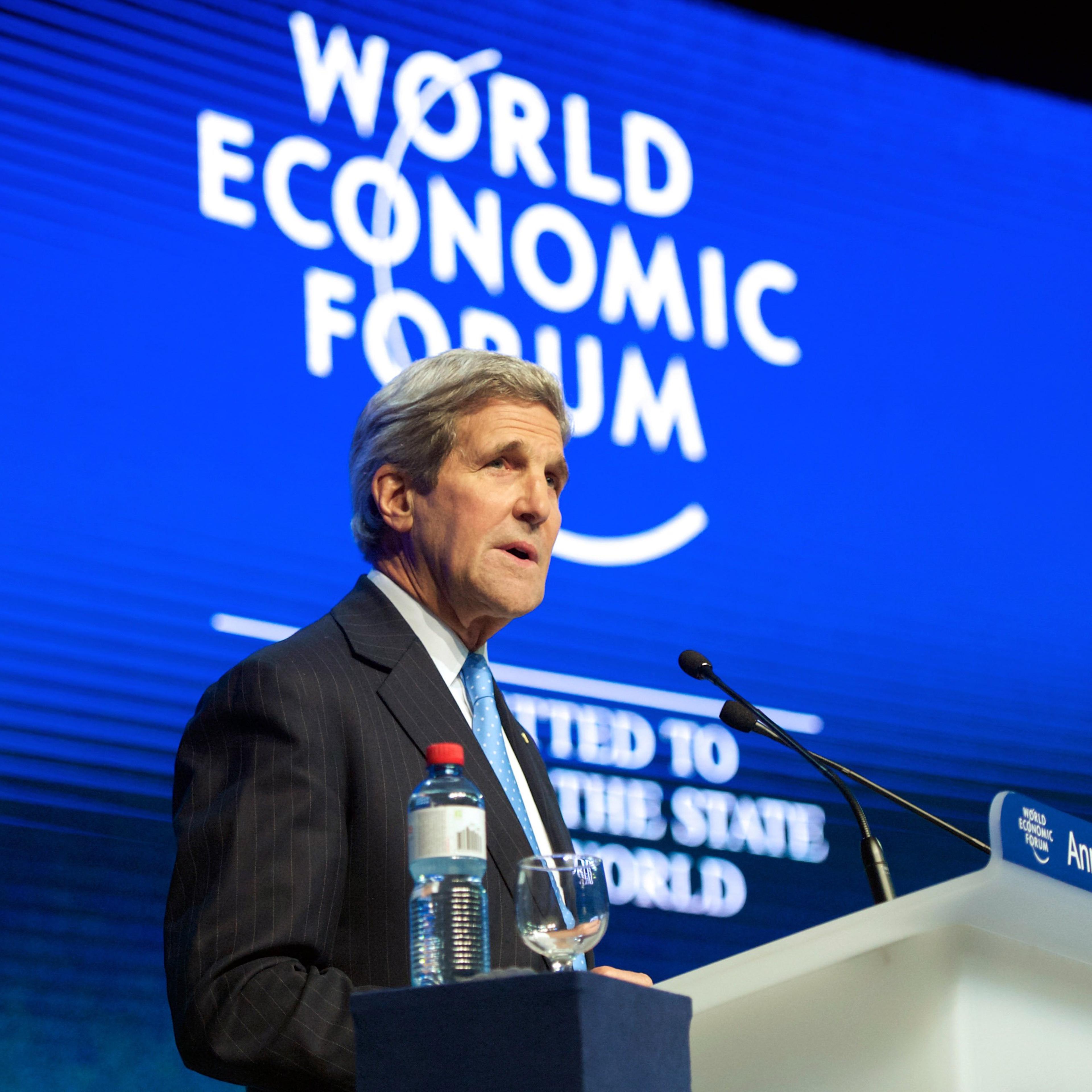 Secretary of State John Kerry delivers a speech about violent extremism to the audience at the World Economic Forum in Davos, Switzerland on Jan. 23, 2015.