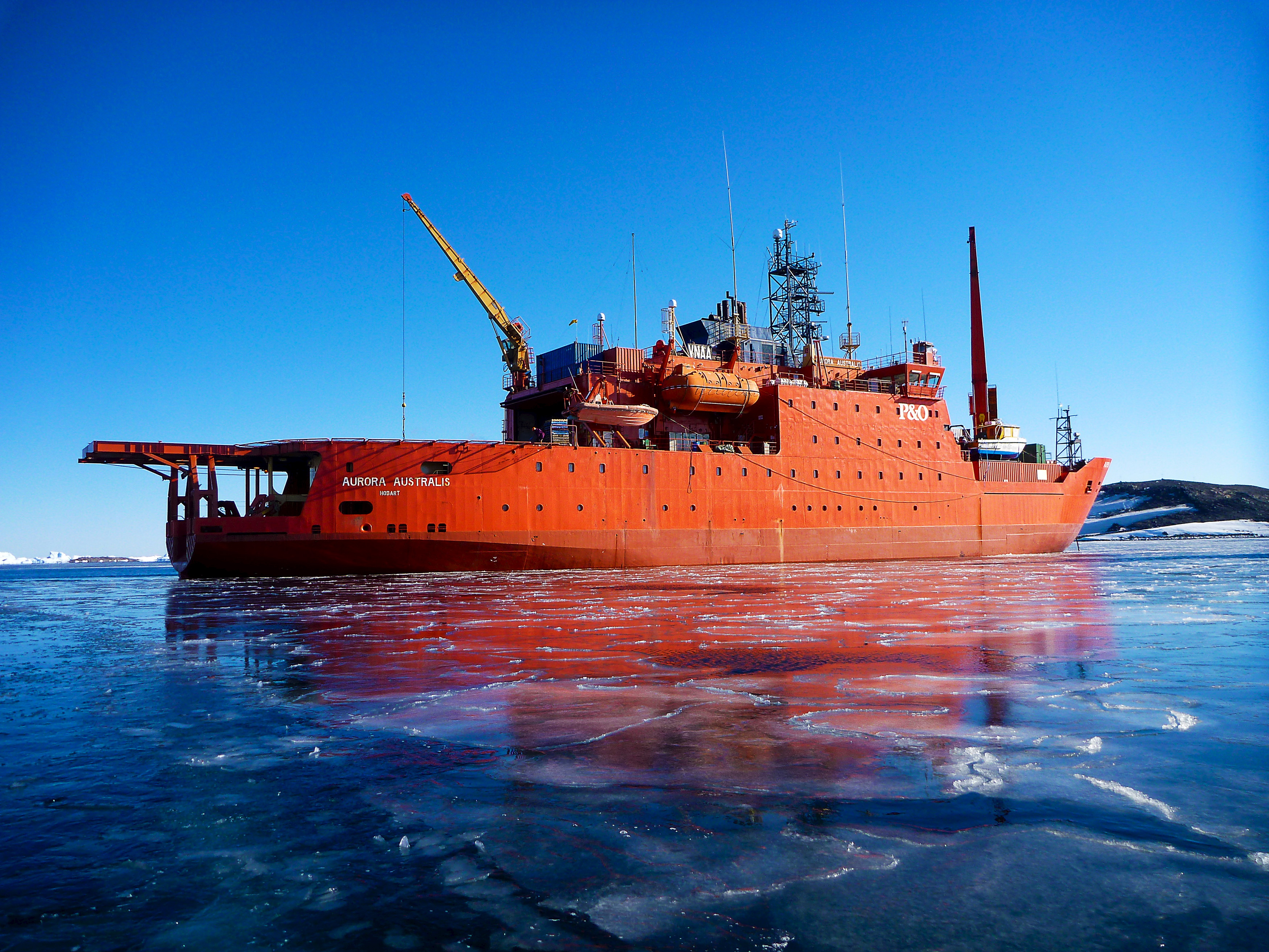 The Aurora Australis ship sits among new ice, moored in Horseshoe Harbour, at Mawson Station, Antarctica in this undated file photo supplied by the Australian Antarctic Division